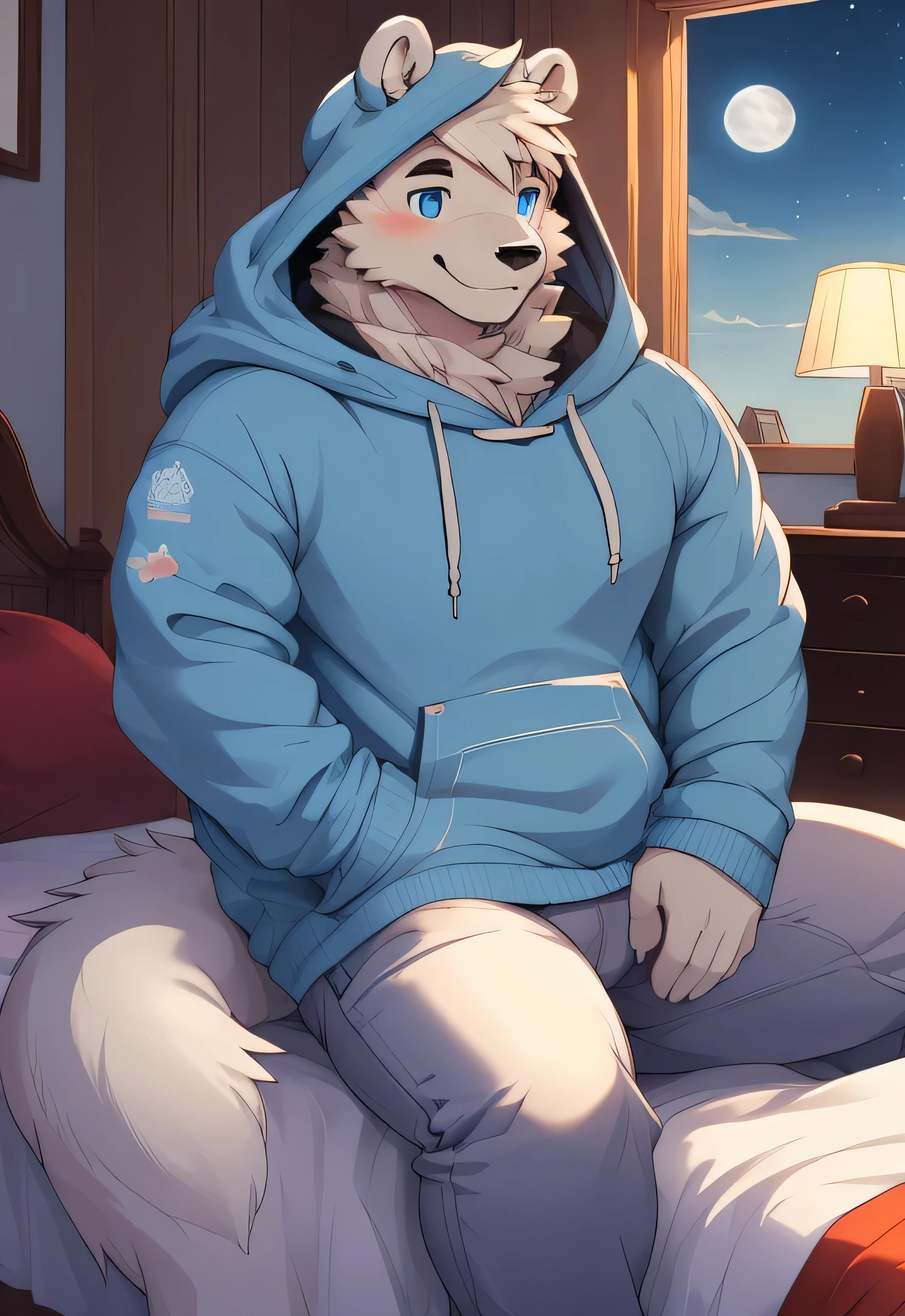 Solo, male, laying on couch in living room, hand on bulge, by bigcozyorca, by goonie-san, by bebebebebe, by spikedmauler, front view, big buff , Bear, Wearing a gray hooded sweatshirt, social fear, School dormitory with sunny background, Shyly averting eyes