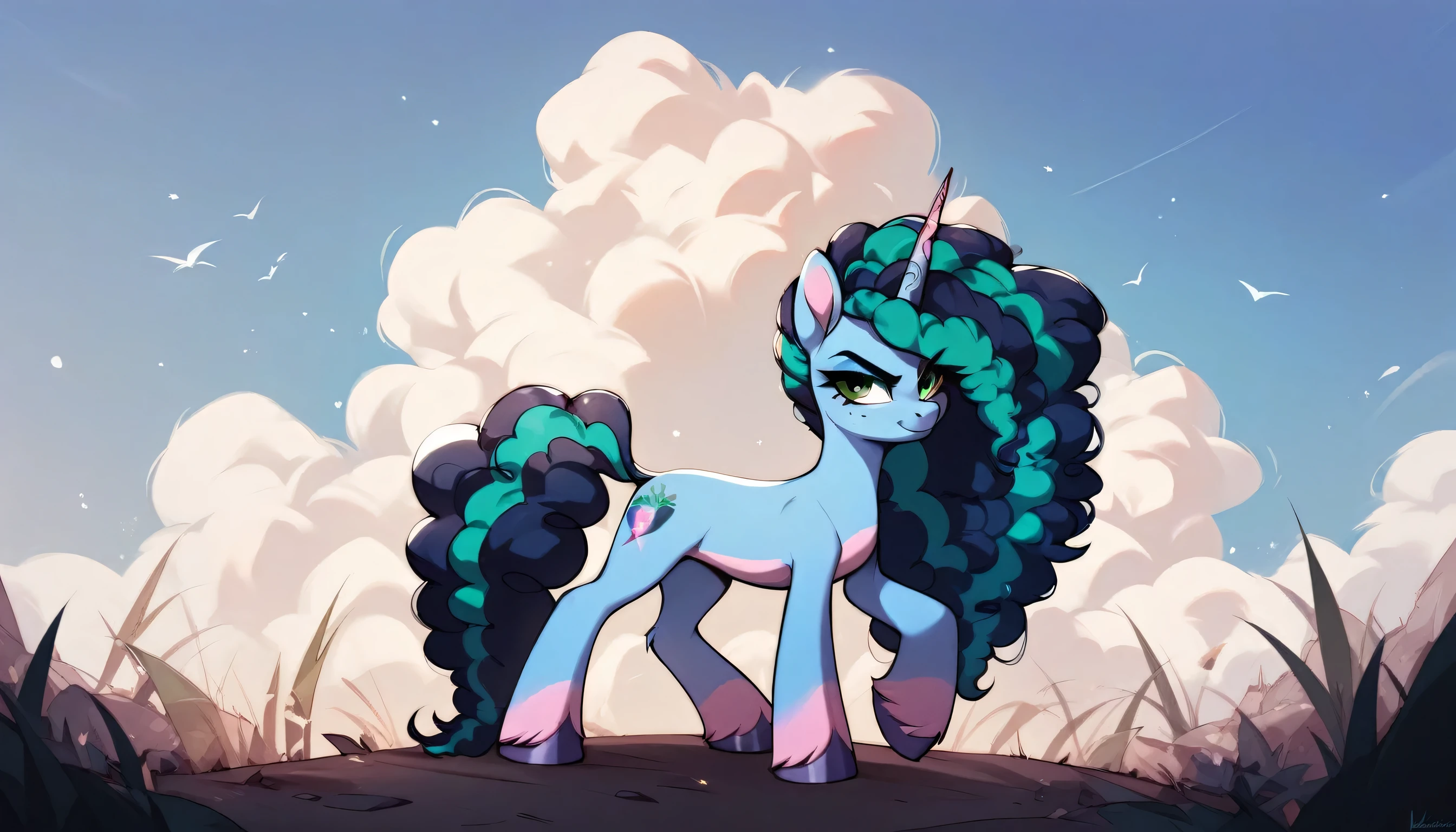Score_9, Score_8_up, Score_7_up, Score_6_up, A serious unicorn is depicted, Misty Brightdawn from My Little Pony. Misty's mane flows in a wavy pattern of colors, with shades of blue, green mixing together. She is looking at something out of the frame with a displeased smile. The setting is a war environment with fallen buildings, vegetation on the ground on a cloudy day. in full body