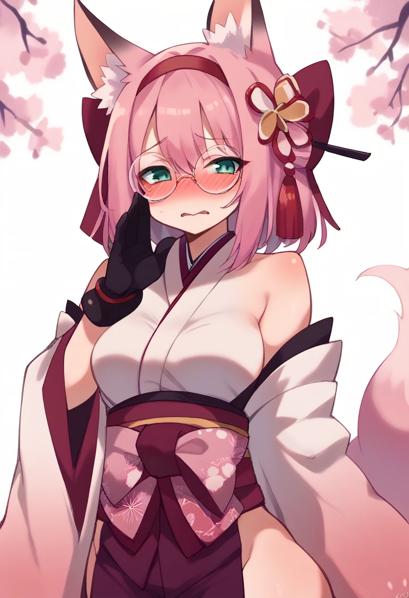 One person、Pink Hair、kimono、Medium chest、Blushing、Embarrassed、A lot of semen covering the face、Splash a lot、Fox Ears、Round Glasses、