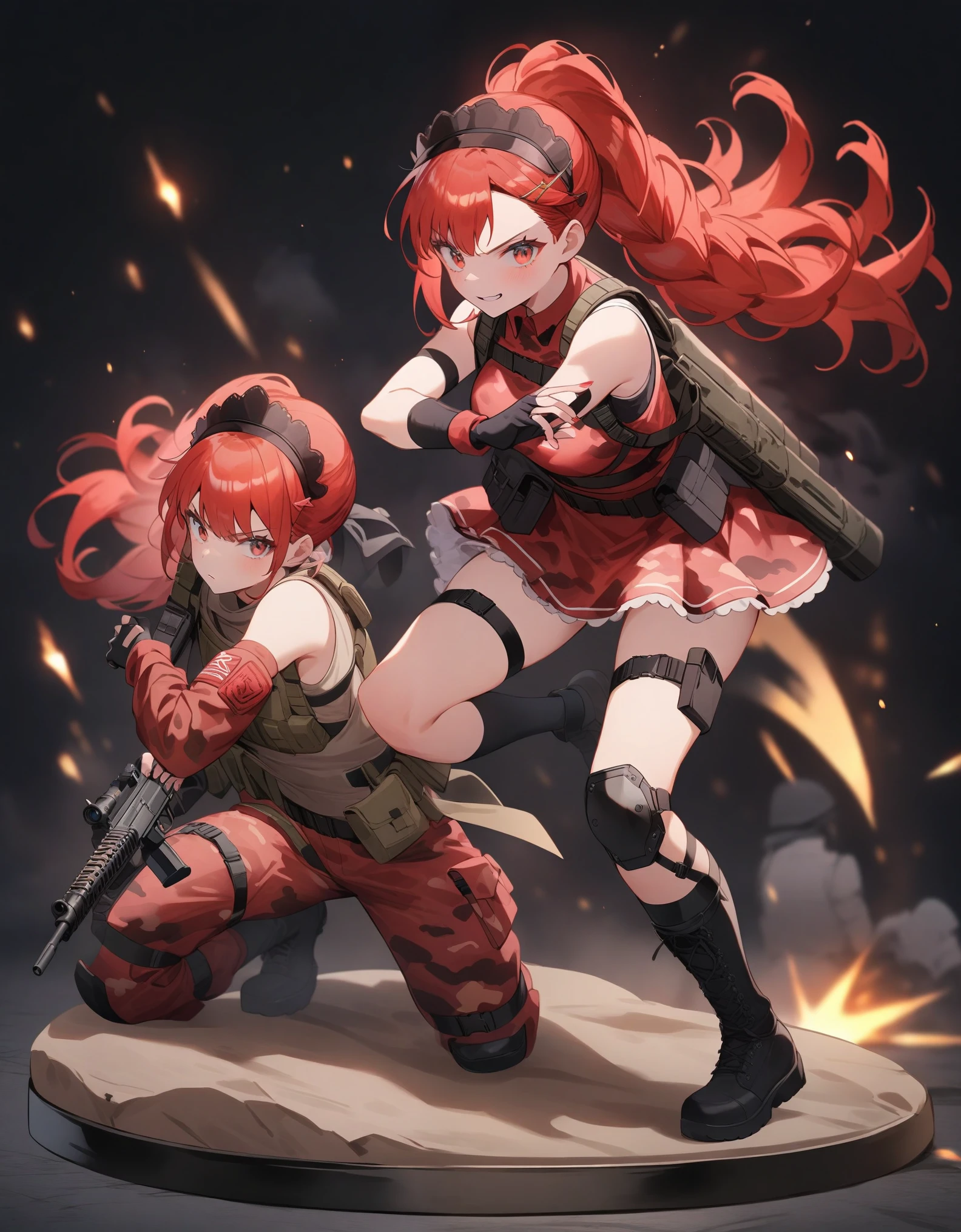 (Anime style),high quality, 1girl, maid, military, tary, tactical maid, black leather fingerless gloves, 1girl solo, maid dress, maid outfit, tactical equipment, tactical leg straps, tactical, looking at viewer, military straps, military harness, military light vest, two-tone hair, ((red camouflage)), ((1girl)), tactical maid, tactical clothes red camouflage, (tactical) light vest, tactical light equipment, Tactical boots, tactical straps, tactical knife, tactical fingerless gloves, tactical harness, maid battle, tactical thigh belt, anime maid, tactical joint protections, Knee Pads and Elbow Pads Tactical Protection, full body, athletic body, military straps, red camouflage uniform, red camouflage maid clothes, maid red camouflage dress, red command, e-girl make up, woman full atletic body, red hair, elegant hairstyle, with red military camouflage pants, tomboy attitude, combat pose, standing pose, communications diadem, mesh flannel red military jacket shooting, military goggles over the hellmet, sophisticated attitude, figure with wargame base,intintimidating, tactical straps, exposed abs, machinegun,