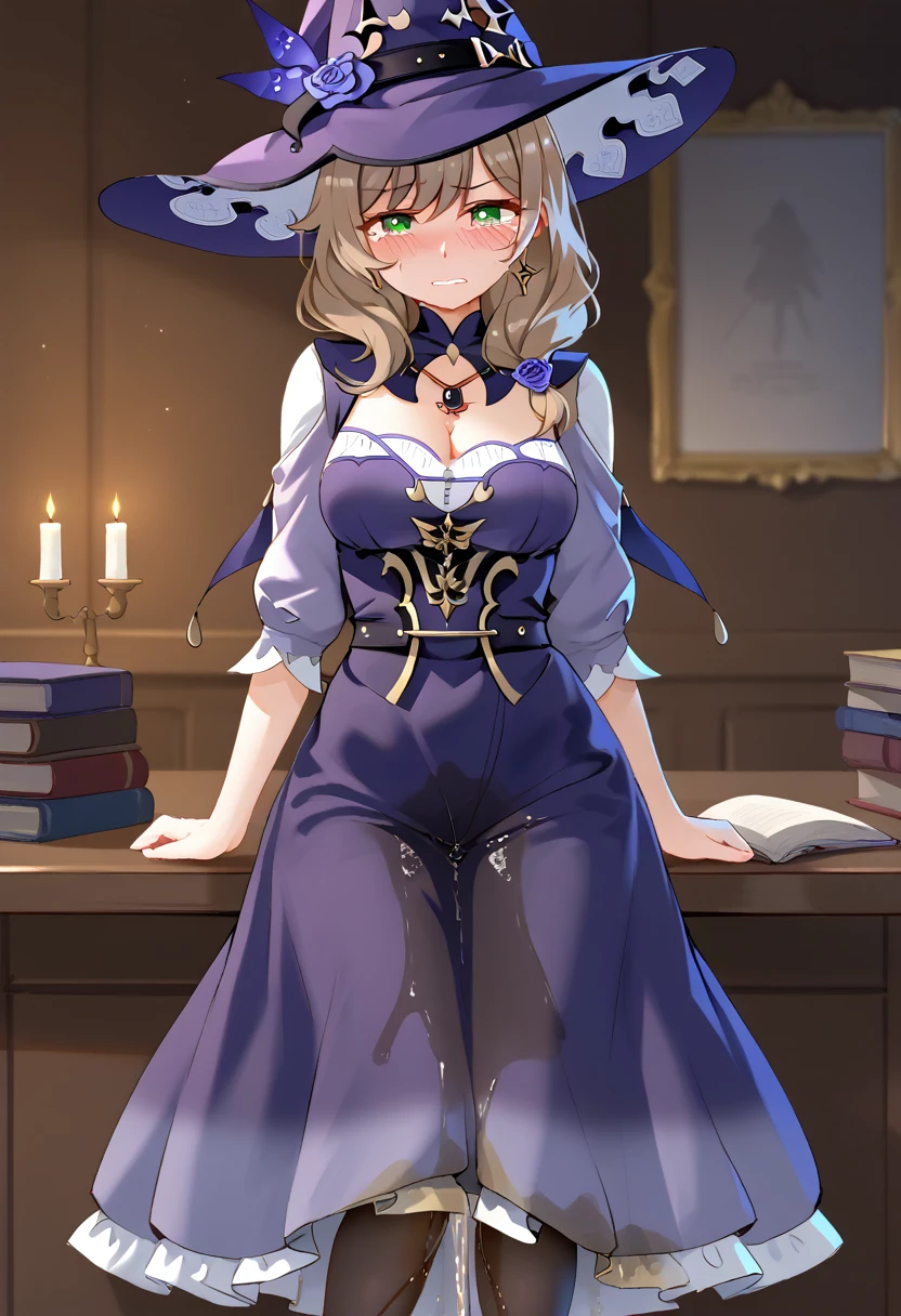 (\li sha\), 1girl, breasts, lisa \(genshin impact\), A detailed, highly photorealistic portrait of a young woman with beautiful green eyes, brown hair, and bangs, wearing a witch hat, dress, (long dress:1.5), (black pantyhose:1.5), and purple headwear with earrings, (1girl, detailed eyes, extremely detailed face), beautiful detailed eyes, extremely detailed eyes and face, long eyelashes, brown hair, green eyes, jeans, witch hat, purple headwear, earrings, long hair, bangs, hair ornament, (wetting self:1.5), humiliation, blushing, angry, tears, standing, (best quality, 4k, 8k, highres, masterpiece:1.2), ultra-detailed, HDR, UHD, studio lighting, ultra-fine painting, sharp focus, physically-based rendering, extreme detail description, professional, vivid colors, bokeh, portrait