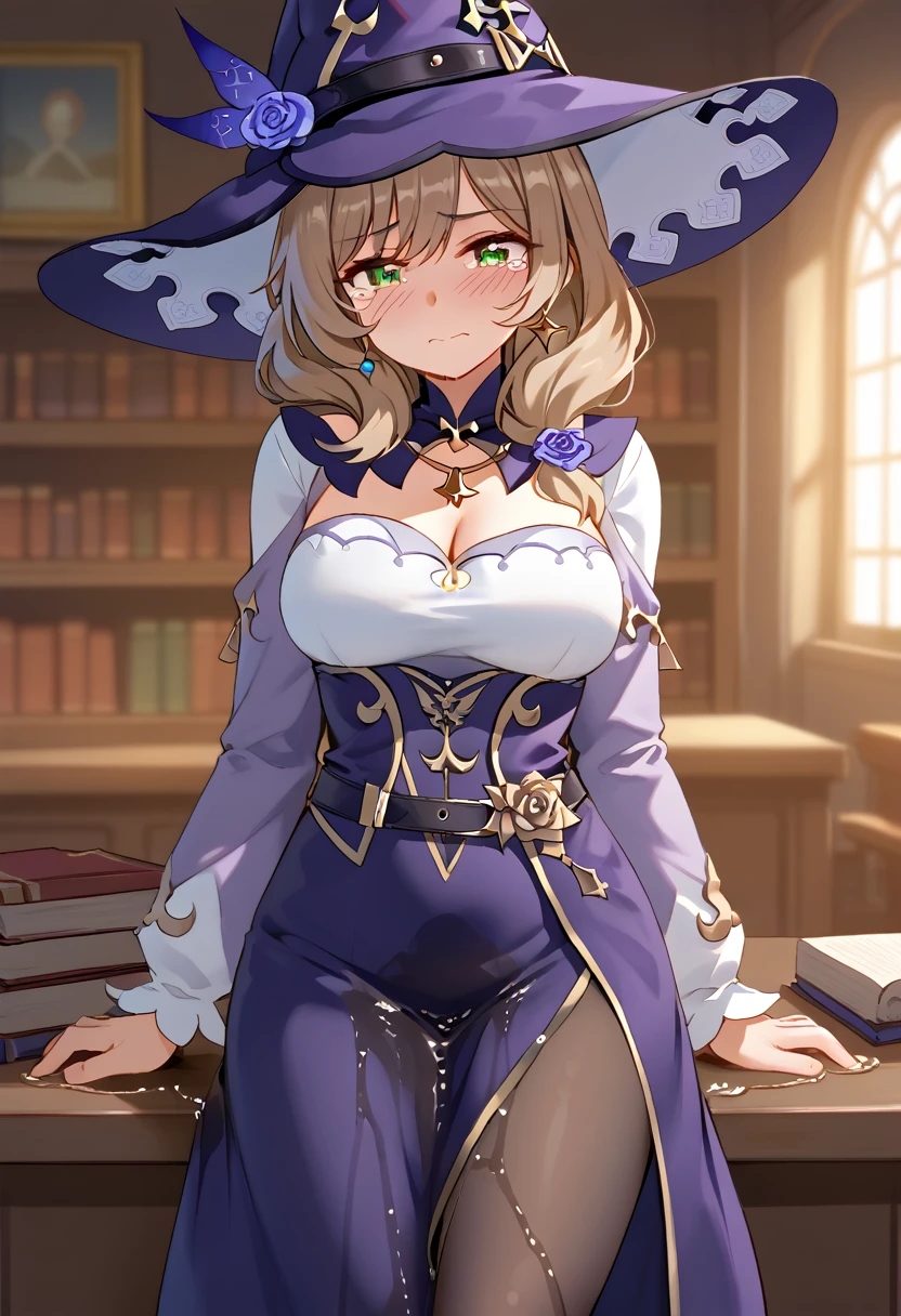 (\li sha\), 1girl, breasts, lisa \(genshin impact\), A detailed, highly photorealistic portrait of a young woman with beautiful green eyes, brown hair, and bangs, wearing a witch hat, dress, (long dress:1.5), (black pantyhose:1.5), and purple headwear with earrings, (1girl, detailed eyes, extremely detailed face), beautiful detailed eyes, extremely detailed eyes and face, long eyelashes, brown hair, green eyes, jeans, witch hat, purple headwear, earrings, long hair, bangs, hair ornament, (wetting self:1.5), humiliation, blushing, angry, tears, standing, (best quality, 4k, 8k, highres, masterpiece:1.2), ultra-detailed, HDR, UHD, studio lighting, ultra-fine painting, sharp focus, physically-based rendering, extreme detail description, professional, vivid colors, bokeh, portrait