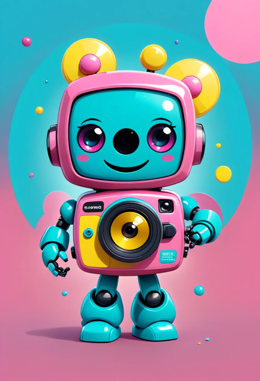 Design a playful, cartoon-style button featuring an adorable robot character holding a colorful film strip instead of a video camera. The robot should have round, friendly features with large expressive eyes, and the film strip can be bright and multicolored, giving off a creative vibe. Surround the button with fun details like stars, swirls, and small digital pixels to represent AI, all in vibrant, eye-catching colors like turquoise, yellow, and pink. The button should have a soft, rounded shape, with a bouncy, 3D effect and a cute 'Create Video' label in a fun, bubbly font