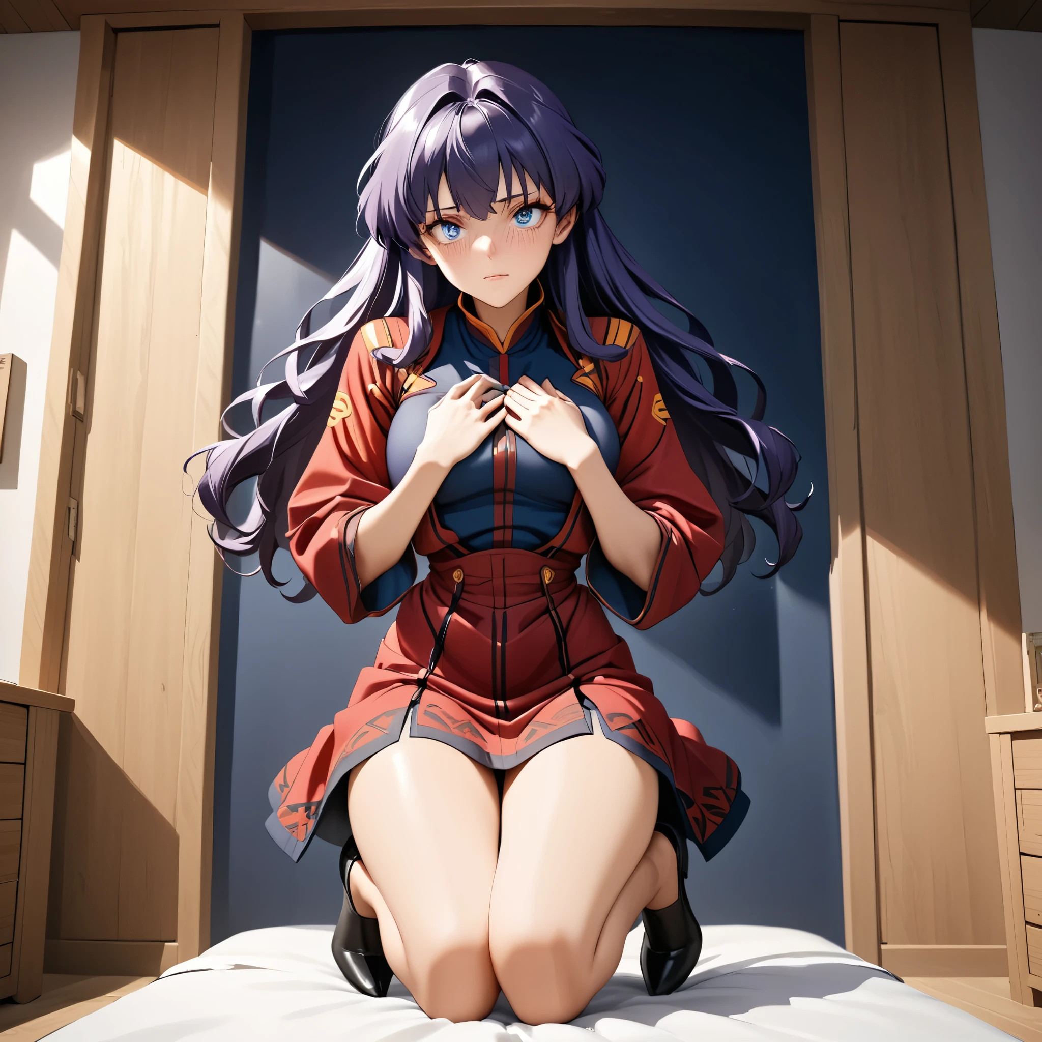 1girl, expressive eyes, perfect face, (bright purple hair, long hair), perfect anatomy, full body, physical features (hair, clothes, eyes, hands, face, nose) like the character Misato Katsuragi, she is looking at the viewer, bright blue eyes, beautiful face, perfect face, perfect hands, Perfect legs, Super detailed clothes, intricate clothes (masterpiece, Best quality, ultra-detailed), (high resolution, octane rendering), Best quality, hyper detailed, ultra realistic, expressive eyes, blush, cute innocent expression, shiny oily skin, cute curly hair in pigtails, open cardigan, linen pants, perfect face, (70s lighting), shy half smile, (innocent), small and fit, slightly curvy, ,(very beautiful girl), bedroom, ( tribe bedroom),