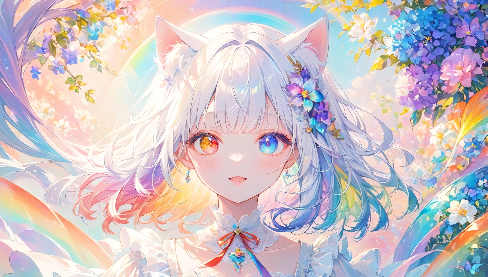 ((masterpiece))), (((Best Quality)))(, (Ultra-detailed)), A fusion of watercolor and oil painting, Very colorful tones, Psychedelic World, Watercolor splash,Commemorative photo, White Dress、Ultra-precise embroidery, See-through lace, ribbon, See-through frills,cute, beautiful girl, Adorable, , 1 cute girl, (Look forward), (Looking at this), (Very delicate and beautiful face), (Beautiful eyes in every detail), ((((Heterochromia Iridum - Red and Blue Eye Color))))、Through the bangs, Shiny white hair,Shoulder-length bob,Cat ears, 髪の色と同じ色のCat ears, Beautiful attention to detail, Beautiful lip detail, Highly detailed face, Attractive eyes, Long eyelashes, smile, Open your mouth a little, One Girl, Digital Art, Pastel colors, ((Use the rainbow as your main color)),Vibrant colors,Fantasy Artwork,Dreamy,Mythical fantasy with rainbow accents,Fairytale Fantasy, (((Translucent rainbow))),Rainbow Gradient,Subtle iridescent detailing,Gives off a magical aura,Exquisite detail,Heavenly, Flowers,Soft lighting, Cinematic, romantic, Doll、Framing above the chest, Colorful gel background, Fractal Floral Background, Sparkling, Sparkling, Perfect lighting, Sharp focus, High resolution, High resolution,High color rendering, High resolution