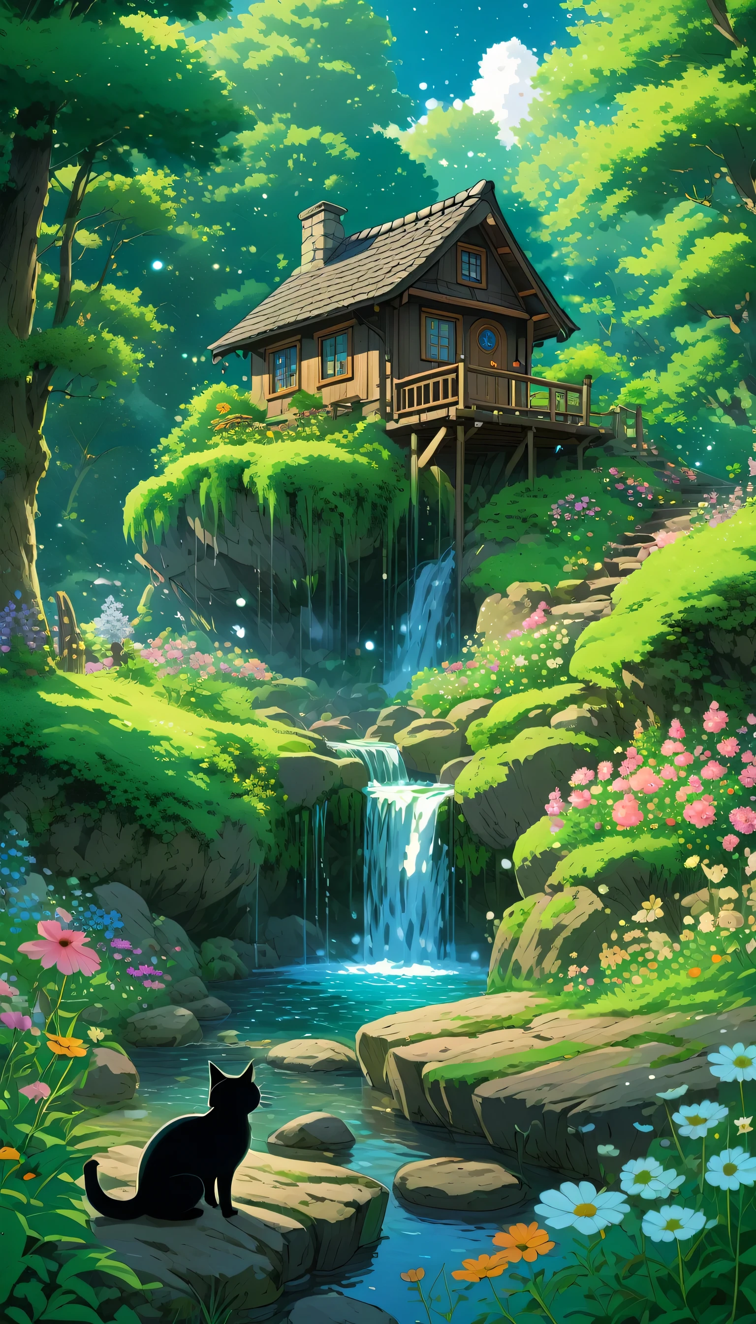 Viral anime nature wallpaper in 4K quality, inspired by Studio Ghibli's style. A hidden waterfall surrounded by lush green trees and blooming flowers, with small woodland creatures playing near the water. In the distance, a quaint witch's cabin made of wood and stone stands, with a black cat sitting calmly at the doorstep. The atmosphere is magical, with soft pastel colors and cosmos-like lighting under a starry sky. No human characters, just the serene beauty of nature and the mystical setting --v 5 --stylize 1000.