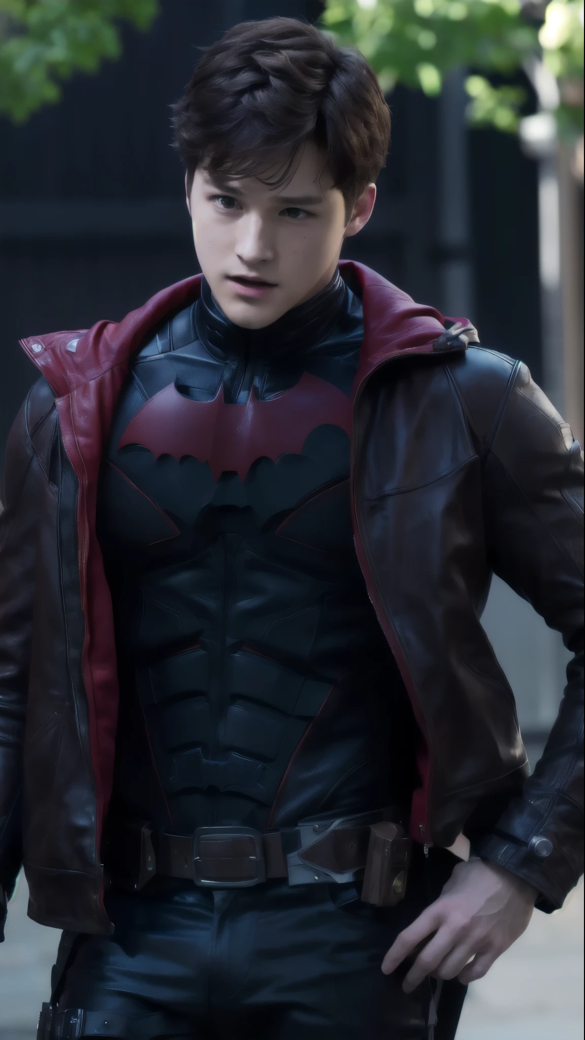 Red Hood cosplaying in a leather jacket and red hoodie, red hood cosplay, taron egerton as wolverine, ryan renolds as batman, ryan reynolds as batman, emma watson as giant man, he looks like tye sheridan, japanese dc live-action movie, in batman, textless, from movie batman, ryan gosling as deadpool, heath clifford, heroic look, Jungkook, BTS Jungkook, jk