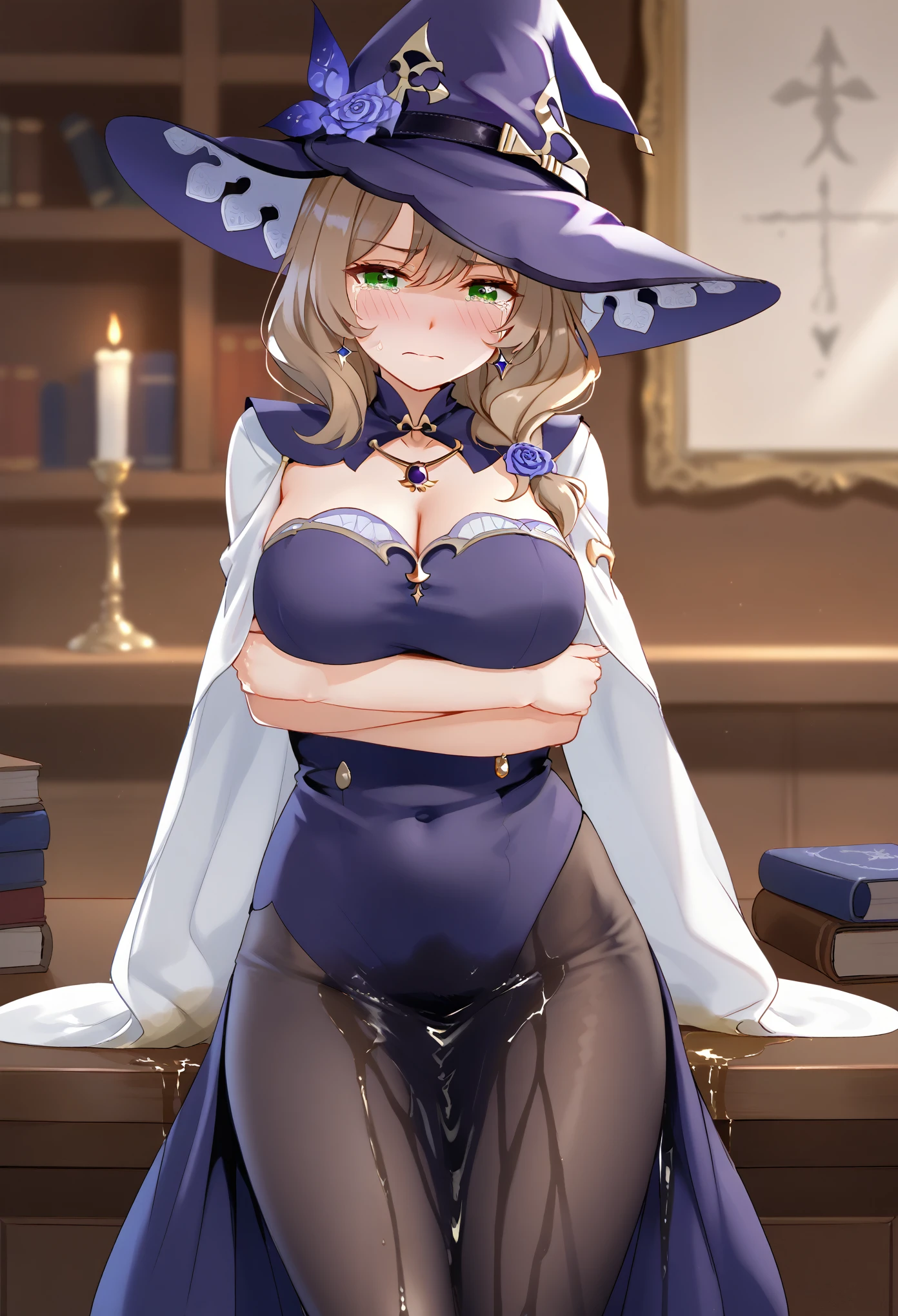 (\li sha\), 1girl, breasts, lisa \(genshin impact\), A detailed, highly photorealistic portrait of a young woman with beautiful green eyes, brown hair, and bangs, wearing a witch hat, dress, (long dress:1.5), (black pantyhose:1.5), and purple headwear with earrings, (1girl, detailed eyes, extremely detailed face), beautiful detailed eyes, extremely detailed eyes and face, long eyelashes, brown hair, green eyes, jeans, witch hat, purple headwear, earrings, long hair, bangs, hair ornament, (wetting self:1.5), (arms crossed:1.5), (arms under breasts:1.5), humiliation, blushing, angry, tears, standing, (best quality, 4k, 8k, highres, masterpiece:1.2), ultra-detailed, HDR, UHD, studio lighting, ultra-fine painting, sharp focus, physically-based rendering, extreme detail description, professional, vivid colors, bokeh, portrait