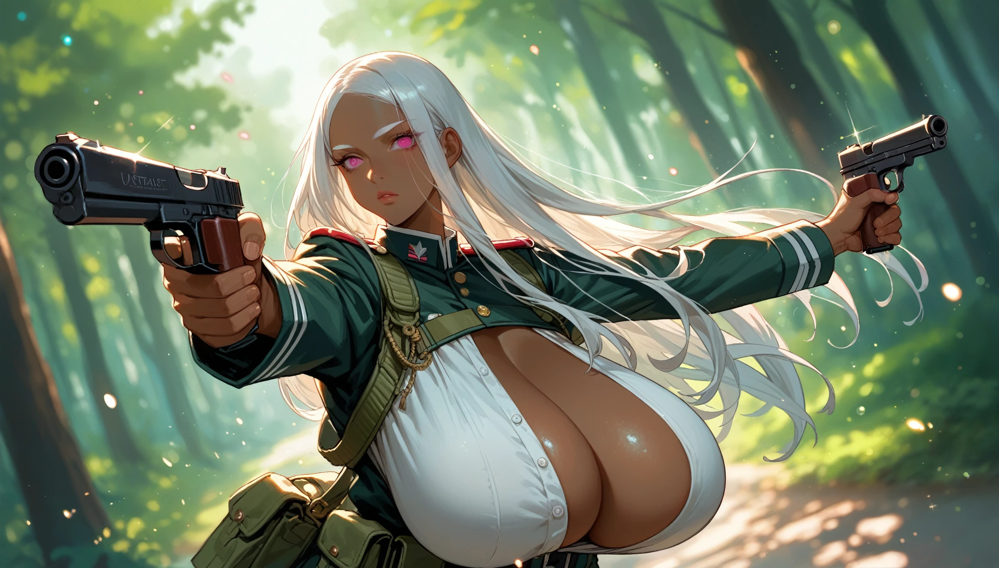 score_9, score_8_up, score_7_up, (1girl, solo, ((dark skin)), long silver natural hair with side-swept-hairstyle, pink eyes, white eyelash, white eyebrows, upper body, white hair, huge breast, sagging breast), (no nsfw), teasing, wearing army uniform, full body, aiming, dual-handgun, forest, vibrant color, neon ambience, sparkling, dramatic angle, blurry background, bokeh, 