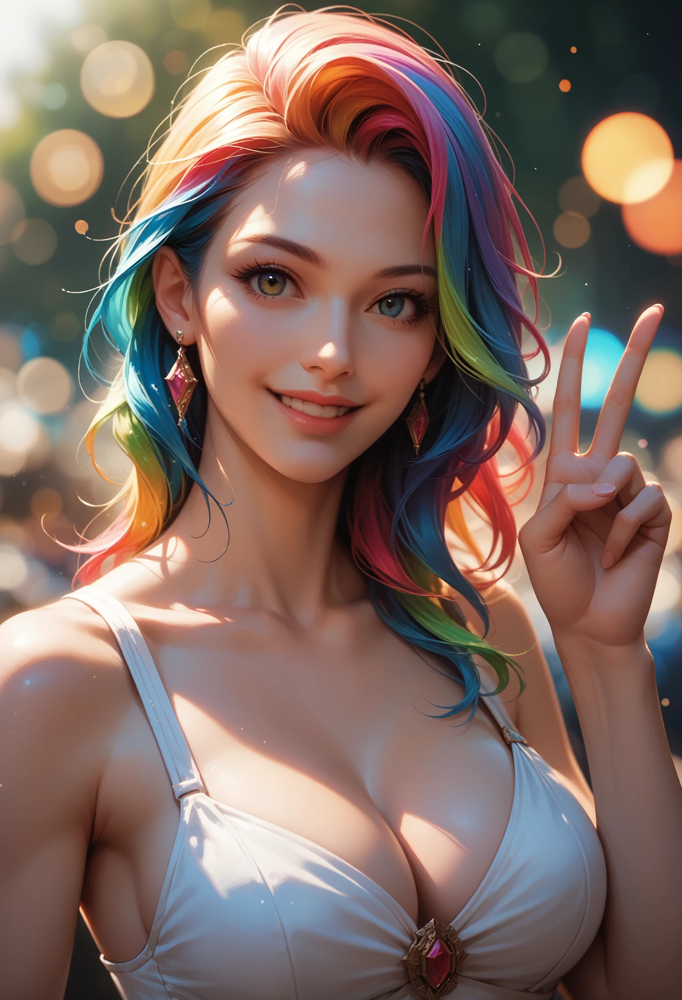 score_9, score_8_up, score_7_up, (masterpiece, ultra detailed), sfw, portrait, 1girl, :D, smiling, colorful hair, multiple colored hair, v posed hand, cleavage, (soft bokeh:1.2)