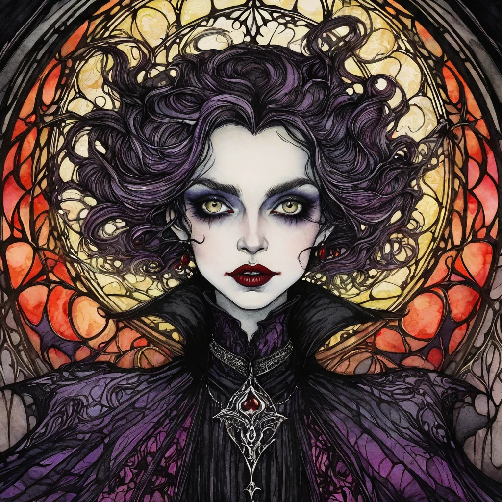 a woman in cashmere, gothic art style, highly detailed, gothic art, Arthur Rackham, gothic vampire, gothic illustration, vivid pen and ink drawing, combined with watercolor, gothic portrait, unreal engine, intricate, Whimsical contrast, colorful lighting,