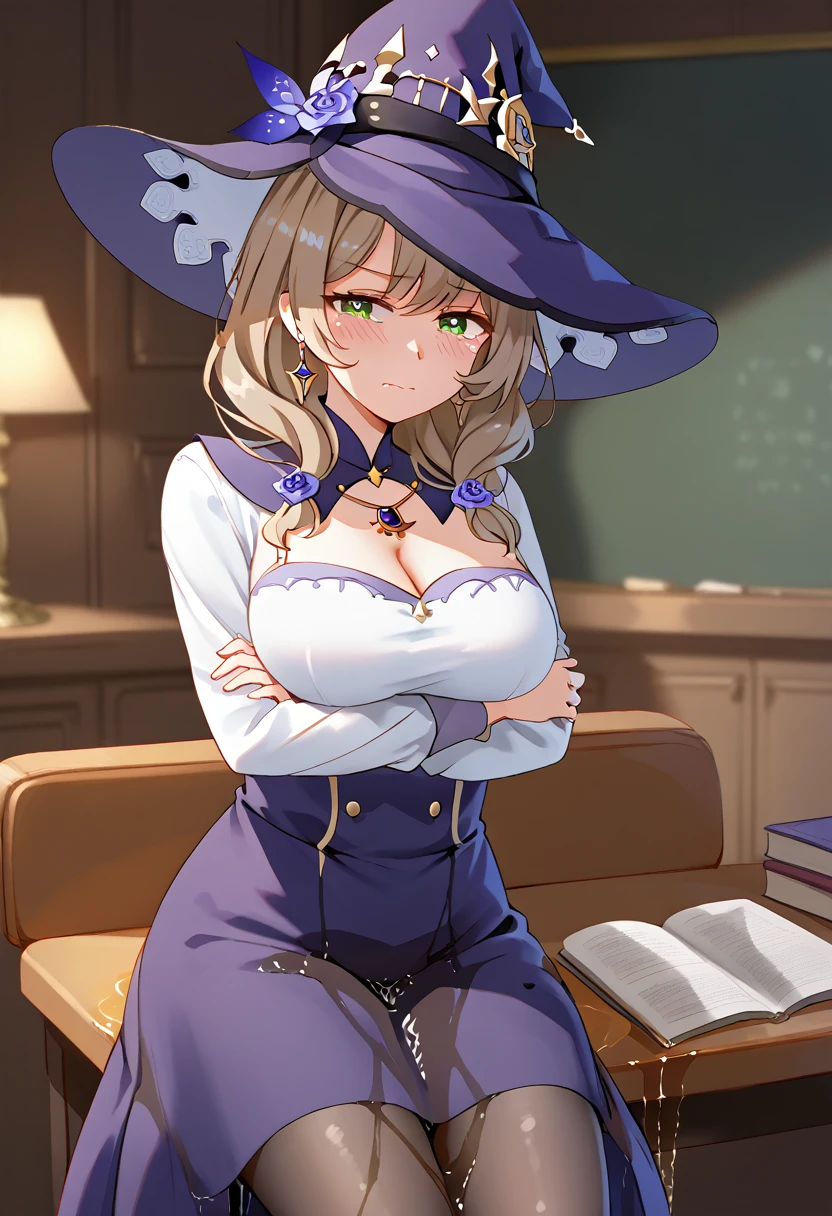 (\li sha\), 1girl, breasts, lisa \(genshin impact\), A detailed, highly photorealistic portrait of a young woman with beautiful green eyes, brown hair, and bangs, wearing a witch hat, dress, (long dress:1.5), (black pantyhose:1.5), and purple headwear with earrings, (1girl, detailed eyes, extremely detailed face), beautiful detailed eyes, extremely detailed eyes and face, long eyelashes, brown hair, green eyes, jeans, witch hat, purple headwear, earrings, long hair, bangs, hair ornament, (wetting self:2.0), (arms crossed:1.5), (arms under breasts:1.5), humiliation, blushing, angry, tears, standing, (best quality, 4k, 8k, highres, masterpiece:1.2), ultra-detailed, HDR, UHD, studio lighting, ultra-fine painting, sharp focus, physically-based rendering, extreme detail description, professional, vivid colors, bokeh, portrait