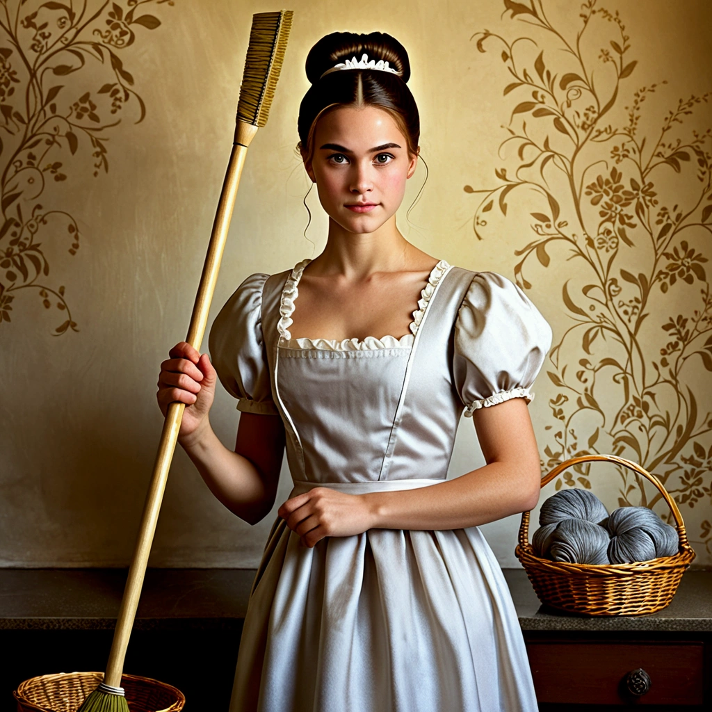 The image embodies modesty, a kind girl, who lives in the house of her evil stepmother and stepsisters. She is wearing a simple dress., but her face shines with kindness and sincerity. Hair is neatly gathered into a bun, emphasizing her sweet and touching appearance. She holds a broom in her hands., because she has to do all the housework. This image symbolizes the difficult life of ordinary people., their patience and desire for the best.