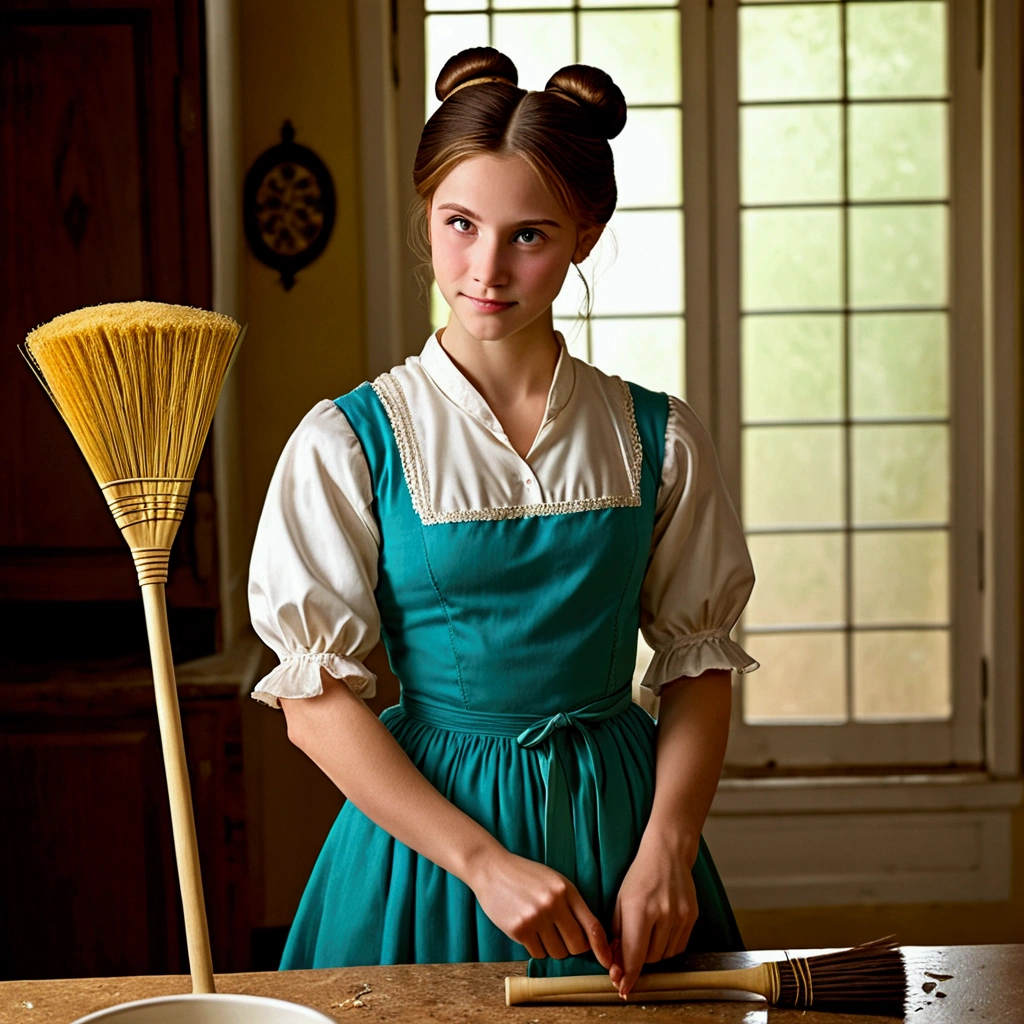 The image embodies modesty, a kind girl, who lives in the house of her evil stepmother and stepsisters. She is wearing a simple dress., but her face shines with kindness and sincerity. Hair is neatly gathered into a bun, emphasizing her sweet and touching appearance. She holds a broom in her hands., because she has to do all the housework. This image symbolizes the difficult life of ordinary people., their patience and desire for the best.