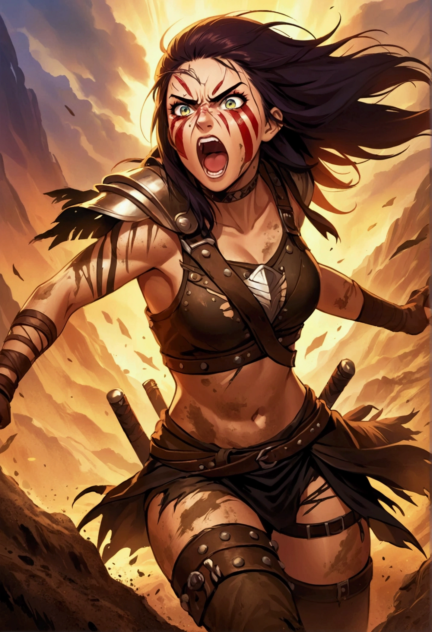 a beautiful and fierce female warrior on the hunt, wearing worn and torn leather clothing, She is screaming a war cry , showing her motivation. Her face is covered in dirt, with cuts on her face and war painting. The environment depicts a pre-historic era, where nature is chaos. Vibrant colors and dynamic lighting.