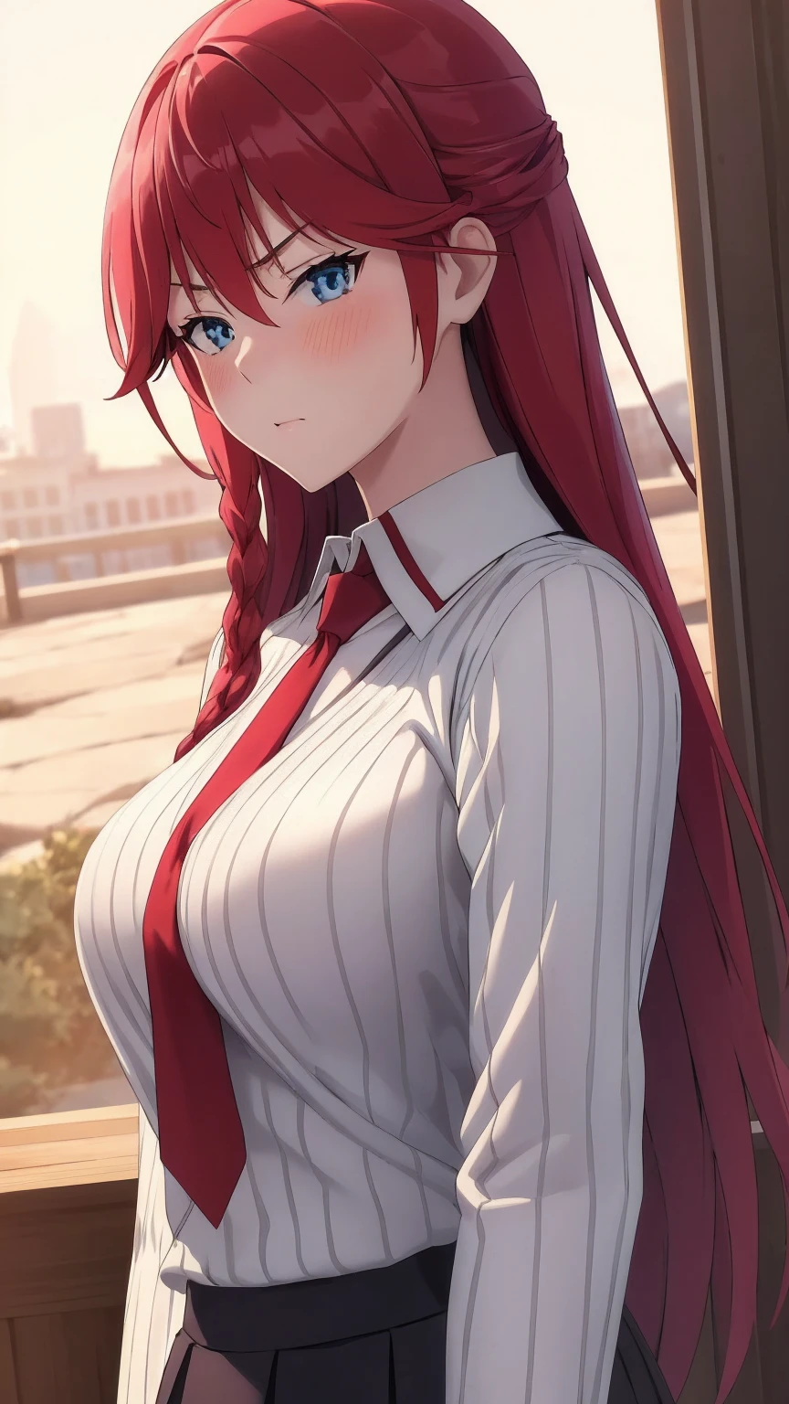 masterpiece, (best quality), 1woman,1girl ,lilith_asami,    long hair, red hair,   blue eyes , braid, side braid, long skirt, necktie, ribbed sweater, side slit, skirt, sweater, teacher, white sweater,    large breasts,,sexy woman,  adult, blush,angry, pov ,vibrant colors ,,natural lighting  ,RTX,  beautiful, (detailed face:1.2), showcase, (perfect eyes:1.1) ,(photorealistic:1.1), 8k uhd,  looking at viewer,   outdoors,  simple backround,(beautiful_face:1.5),(perfect hands, perfect anatomy),