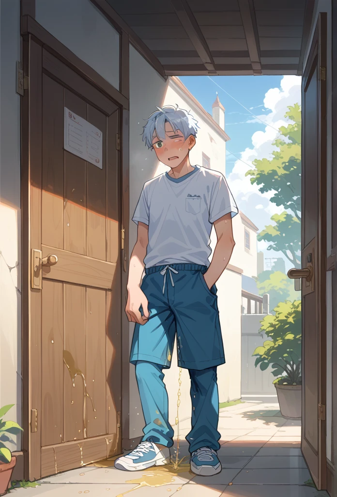 20 years old slender and mascular man, wearing blue short trousers, white short sleeve, He is peeing himself in front of a door. He couldn't hold his pee. There is a large pee wet spot on his crotch. Pee stain on his pants. Pee wet spot on his crotch. He is ashamed of peeing himself.