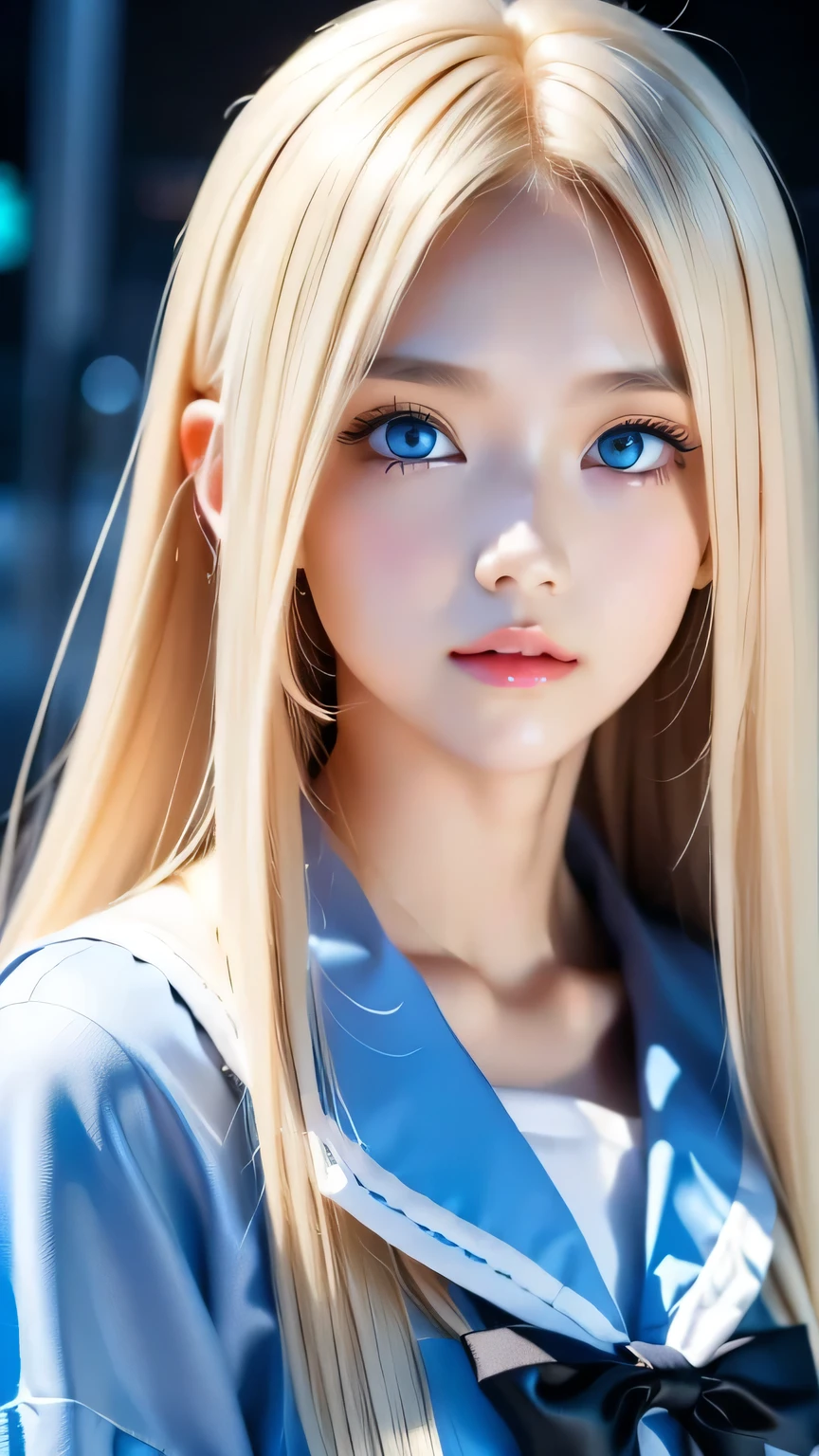 Beautiful girl with a pretty face、beautiful blonde straight super long hair、Half Body Shot、Beautiful long bangs hanging over the face、Very beautiful, bright, pale sky blue eyes、Very big eyes、Blonde hair between the eyes、Round face、Blonde hair above the eyes、片Blonde hair above the eyes、、Sailor suit、Very white and young skin、Cheek gloss、Cheek highlighter、Small Face Beauty