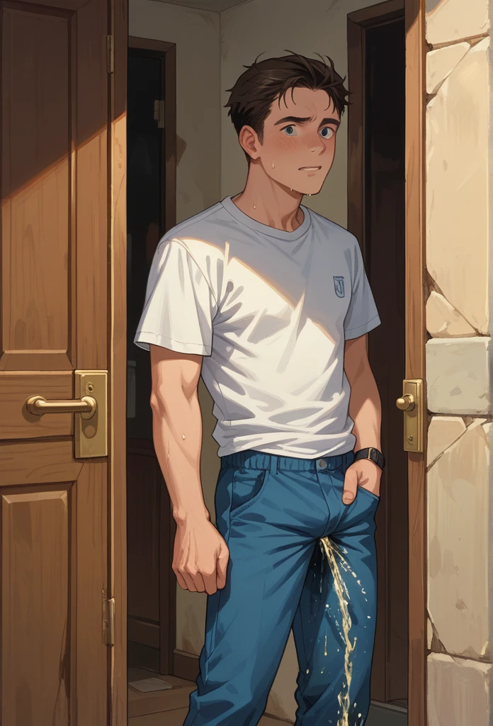 20 years old slender and mascular man, wearing blue short trousers, white short sleeve, He is peeing himself in front of a door. He couldn't hold his pee. There is a large pee wet spot on his crotch. Pee stain on his pants. Pee wet spot on his crotch. He is ashamed of peeing himself.