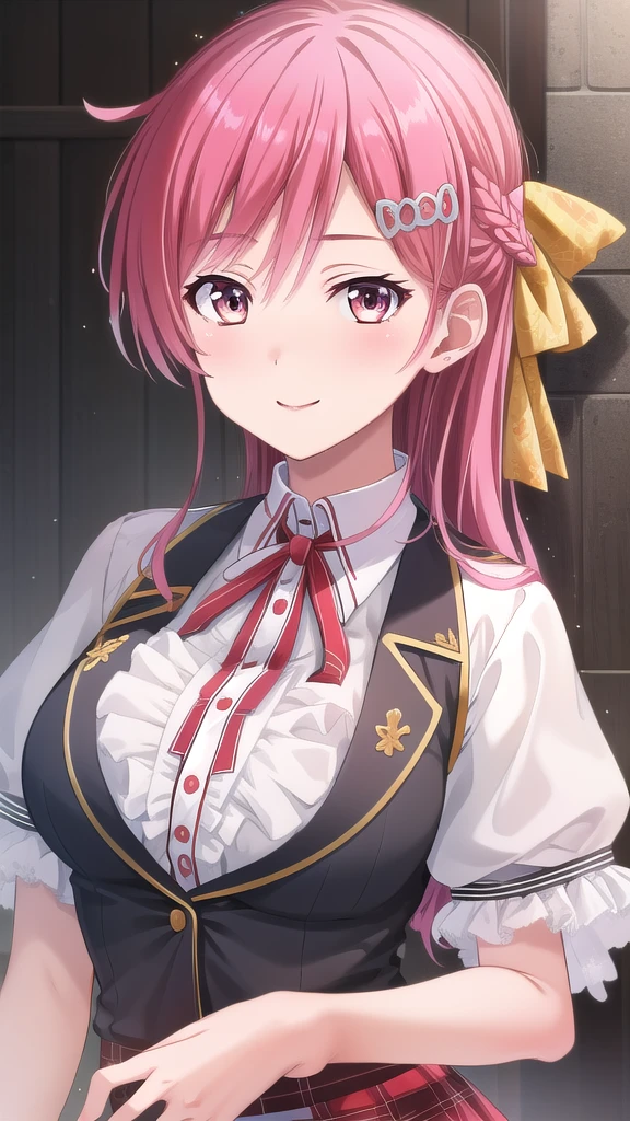 ((masterpiece)),(best quality),official art,extremely detailed CG,unity 8k wallpaper,ultra detailed,beautiful detailed eyes,extremely detailed face,1girl,solo,upper body,(portrait:1.5),looking at viewer,facing viewer,Nanasato Nene(unoneno),smile,long hair,red hair,shiny hair,braid,hair ornament,hair bow,hair between eyes,yellow ribbon,bangs,red eyes,school uniform,short sleeves,puffy sleeves,black vest,wing collar,collared shirt,neck ribbon,red ribbon,white shirt,large breasts,miniskirt,frilled skirt,black skirt,vertical-striped skirt,plaid skirt,white socks,loafers,