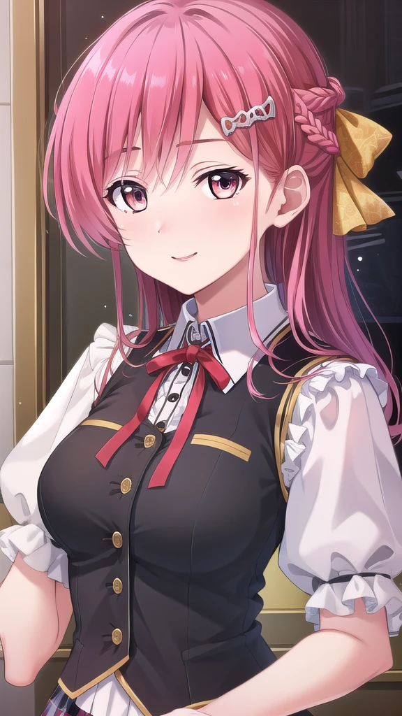 ((masterpiece)),(best quality),official art,extremely detailed CG,unity 8k wallpaper,ultra detailed,beautiful detailed eyes,extremely detailed face,1girl,solo,upper body,(portrait:1.5),looking at viewer,facing viewer,Nanasato Nene(unoneno),smile,long hair,red hair,shiny hair,braid,hair ornament,hair bow,hair between eyes,yellow ribbon,bangs,red eyes,school uniform,short sleeves,puffy sleeves,black vest,wing collar,collared shirt,neck ribbon,red ribbon,white shirt,large breasts,miniskirt,frilled skirt,black skirt,vertical-striped skirt,plaid skirt,white socks,loafers,