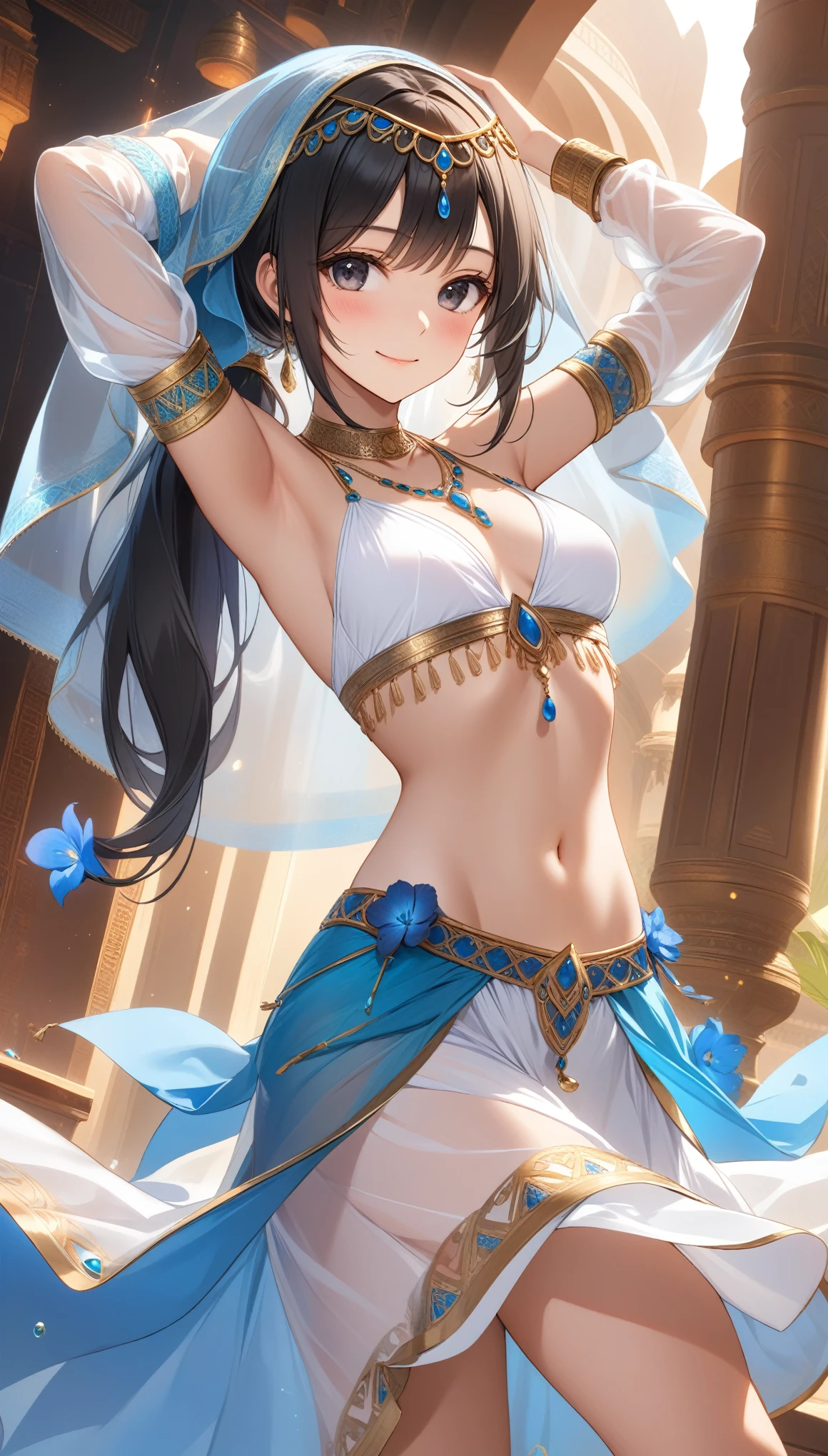 (kinako_(shiratama_mochi) style, eishin_flash_\umamusume\), horse ear, horse tail, nsfw, masterpiece, sarong, gold skirt, solo, 1 girl, harem outfit, navel, bare breasts, bare stomach, belly dancer costume, indian hairddress, outdoors, palace, morocco, casa blanca, collarbones, slim waist, black hair, short hair, detailed eyes, beautiful eyes, blue eyes, necklace, gold bracelet, gold cutouts, jewelries, goddess, mouth veil, dancing, cowboy shot, party, blurred people on background, date palm trees, night, gold lights, moonlight, watching crowd, smiling, sweaty body, sexy, voluptuous body, underboobs, microbikini