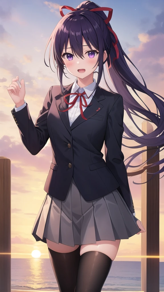 ((masterpiece)),(best quality),official art,extremely detailed CG,unity 8k wallpaper,ultra detailed,A lighthouse on a cliff by the sea,1girl,solo,cowboy shot,looking at viewer,yatogami tooka,bangs,blush,very long hair,hair between eyes,sidelocks,hair ribbon,floating hair,happy,black thighhighs,black jacket,white shirt,pleated skirt,high ponytail,purple hair,open mouth,red ribbon,school uniform,skirt,violet eyes,zettai ryouiki,loafers,