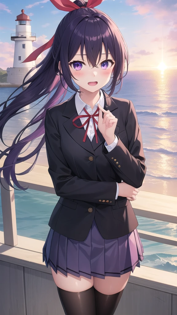 ((masterpiece)),(best quality),official art,extremely detailed CG,unity 8k wallpaper,ultra detailed,A lighthouse on a cliff by the sea,1girl,solo,cowboy shot,looking at viewer,yatogami tooka,bangs,blush,very long hair,hair between eyes,sidelocks,hair ribbon,floating hair,happy,black thighhighs,black jacket,white shirt,pleated skirt,high ponytail,purple hair,open mouth,red ribbon,school uniform,skirt,violet eyes,zettai ryouiki,loafers,