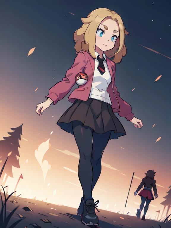 (masterpiece:1.2), best quality, high resolution, unity 8k wallpaper, (illustration:0.8), (beautiful detailed eyes:1.6), extremely detailed face, perfect lighting, extremely detailed CG, (perfect hands, perfect anatomy), a Lass from Pokemon Sword and Shield, blonde hair, blue eyes. (holding a poke ball:1.3). (Wearing: A school uniform, opened magenta jacket, white undershirt, magenta tie, short black skirt, black shiny leggings and black shoes). The background is the view of the green forest, she’s walking on the forest path.