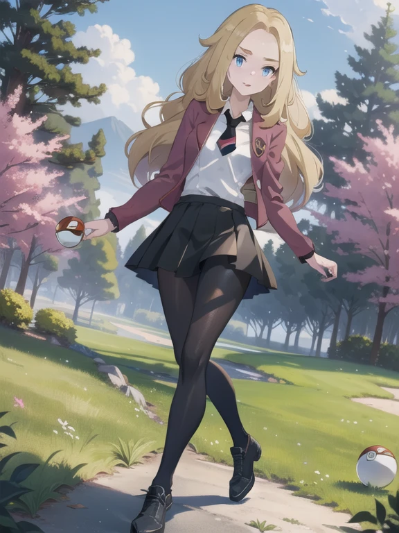 (masterpiece:1.2), best quality, high resolution, unity 8k wallpaper, (illustration:0.8), (beautiful detailed eyes:1.6), extremely detailed face, perfect lighting, extremely detailed CG, (perfect hands, perfect anatomy), a Lass from Pokemon Sword and Shield, blonde hair, blue eyes. (holding a poke ball:1.3). (Wearing: A school uniform, opened magenta jacket, white undershirt, magenta tie, short black skirt, black shiny leggings and black shoes). The background is the view of the green forest, she’s walking on the forest path.