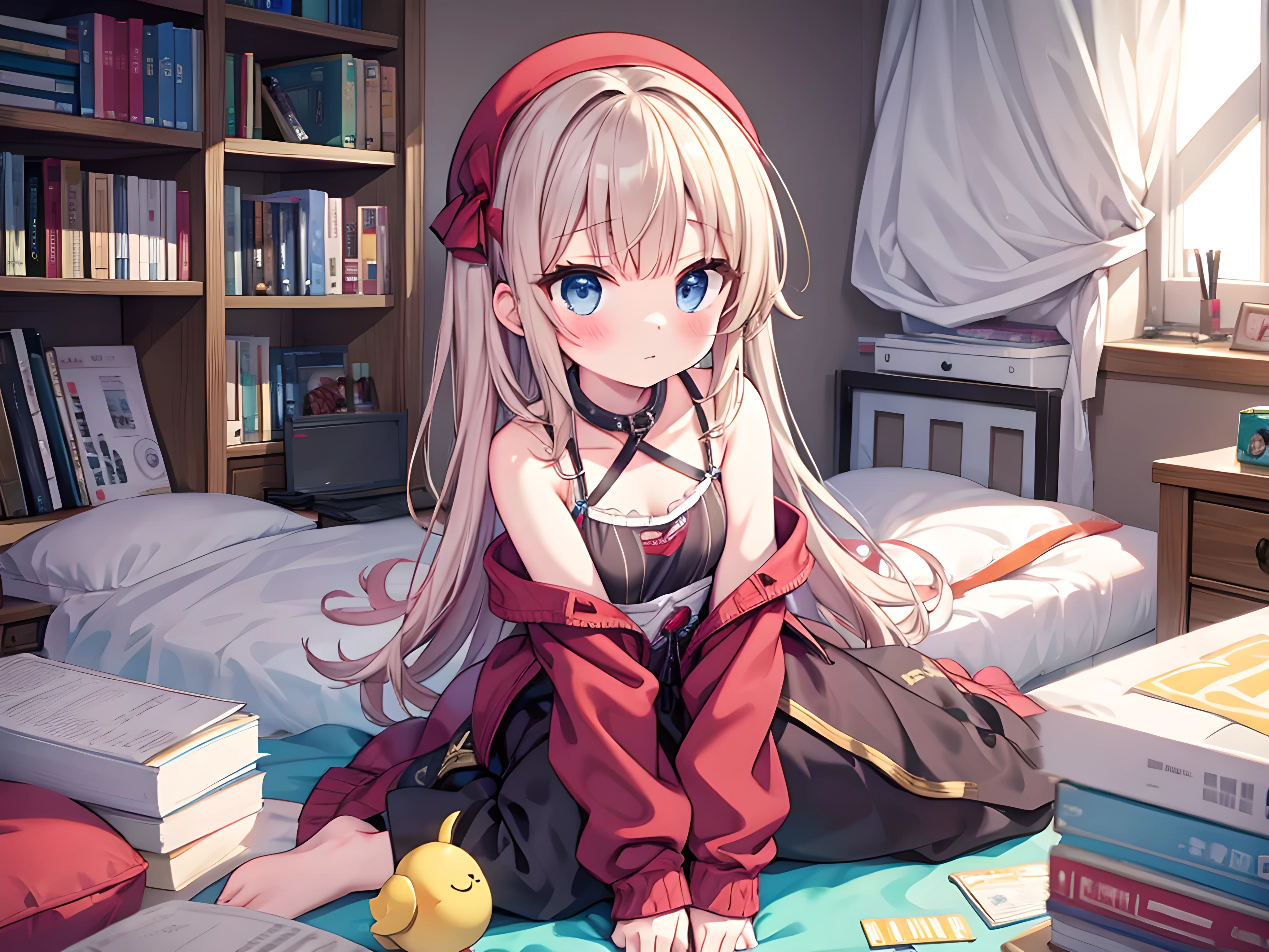 Shy girl in messy room, tareme, Fidgety girl, flustered, withdraw from society , otaku girl, sleeves past wrists
BREAK