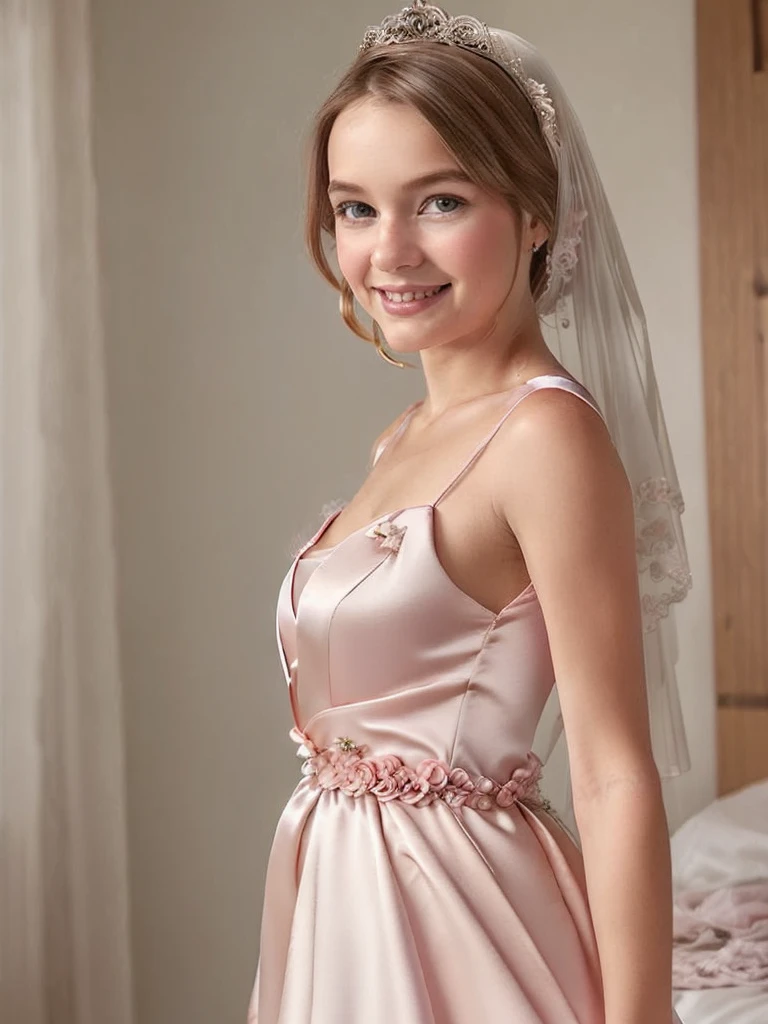 A Caucasian girl, blonde ponytail, BREAK, baby face, standing, (satin princess dress, pink wedding dress:1.4), BREAK, (wedd00ing:1.2), (tiny tits, tt_flat), shooting from side, armpit, smiling, blushing face, bedroom, 