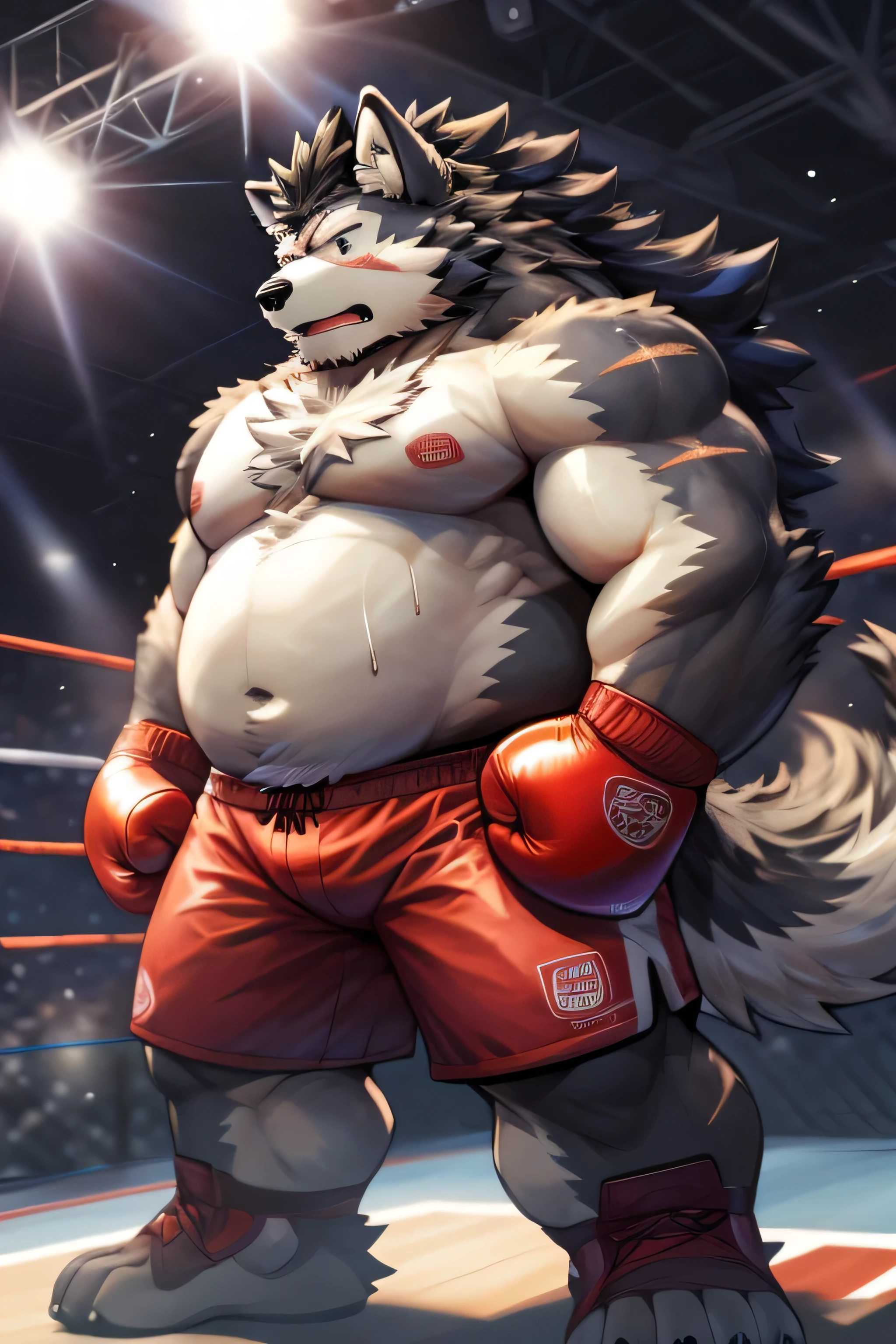 Rugged, Heavyweight man with big belly and fat body, Plump face, Dark grey hair with a noticeable scar, Wearing boxing gloves and boxing shorts,, Exhausted, Surrounded by fluffy, Shaggy Yemeni Wolf or Wolf-oak,Boxing ring background, Very detailed, High resolution, Dynamic lighting and vibrant colors for stunning images, The man looks excited and disdainful, Closed stance full body shot, In cartoon style, By Arashi Takeuchi, Zixiong, Tuni, and、Ghost in the Sky, Boxing ring in the background,sweat:1.5