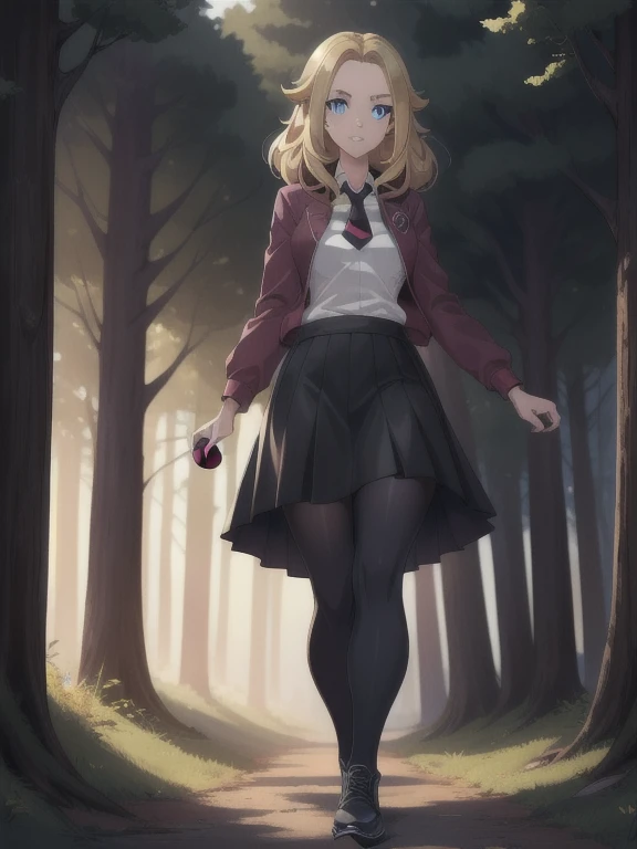 (masterpiece:1.2), best quality, high resolution, unity 8k wallpaper, (illustration:0.8), (beautiful detailed eyes:1.6), extremely detailed face, perfect lighting, extremely detailed CG, (perfect hands, perfect anatomy), a Lass from Pokemon Sword and Shield, blonde hair, blue eyes. (holding a poke ball:1.3). (Wearing: A school uniform, opened magenta jacket, white undershirt, magenta tie, short black skirt, black shiny leggings and black shoes). The background is the view of the green forest, she’s walking on the forest path.