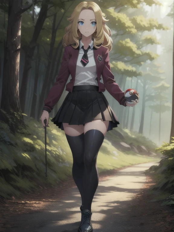 (masterpiece:1.2), best quality, high resolution, unity 8k wallpaper, (illustration:0.8), (beautiful detailed eyes:1.6), extremely detailed face, perfect lighting, extremely detailed CG, (perfect hands, perfect anatomy), a Lass from Pokemon Sword and Shield, blonde hair, blue eyes. (holding a poke ball:1.3). (Wearing: A school uniform, opened magenta jacket, white undershirt, magenta tie, short black skirt, black shiny leggings and black shoes). The background is the view of the green forest, she’s walking on the forest path.