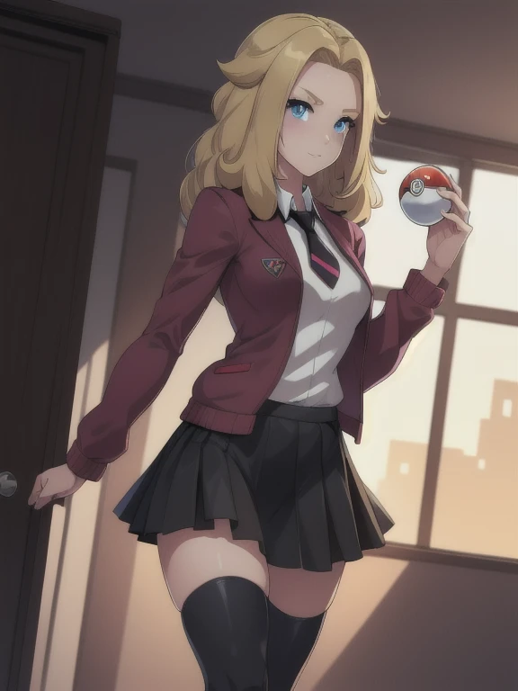 (masterpiece:1.2), best quality, high resolution, unity 8k wallpaper, (illustration:0.8), (beautiful detailed eyes:1.6), extremely detailed face, perfect lighting, extremely detailed CG, (perfect hands, perfect anatomy), a Lass from Pokemon Sword and Shield, blonde hair, blue eyes. (holding a poke ball:1.3). (Wearing: A school uniform, opened magenta jacket, white undershirt, magenta tie, short black skirt and black shiny leggings).