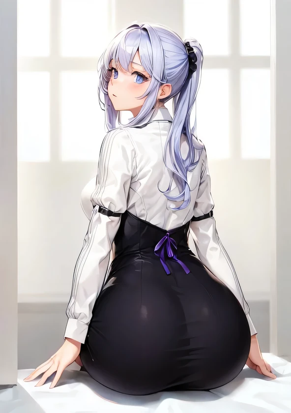 (Masterpiece), (best quality), high resolution, (beautiful detailtremely details, perfect lighting, (perfect hands, perfect anatomy), (suzukaze aoba, 1girl, hair ornament, dark purple business suit, skirt suit, twintails, purple hair, purple bow), full-face blush, embarrassed, smirk, come hither, flashing, lift skirt, ass, ass focus, panties,