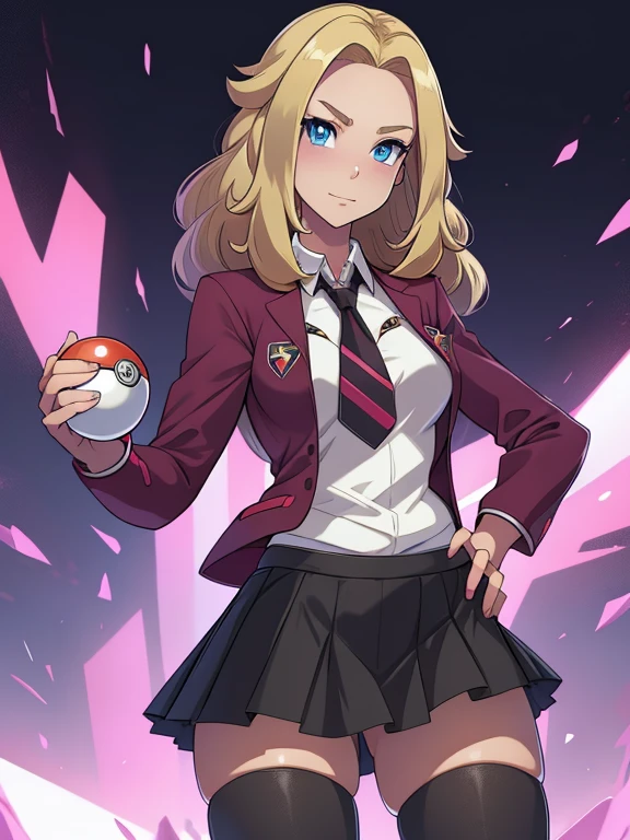 (masterpiece:1.2), best quality, high resolution, unity 8k wallpaper, (illustration:0.8), (beautiful detailed eyes:1.6), extremely detailed face, perfect lighting, extremely detailed CG, (perfect hands, perfect anatomy), a Lass from Pokemon Sword and Shield, blonde hair, blue eyes. (holding a poke ball:1.3). (Wearing: A school uniform, opened magenta jacket, white undershirt, magenta tie, short black skirt and black shiny leggings).