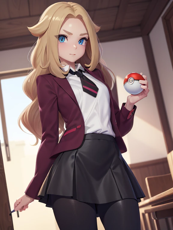 (masterpiece:1.2), best quality, high resolution, unity 8k wallpaper, (illustration:0.8), (beautiful detailed eyes:1.6), extremely detailed face, perfect lighting, extremely detailed CG, (perfect hands, perfect anatomy), a Lass from Pokemon Sword and Shield, blonde hair, blue eyes. (holding a poke ball:1.3). (Wearing: A school uniform, opened magenta jacket, white undershirt, magenta tie, short black skirt and black shiny leggings).