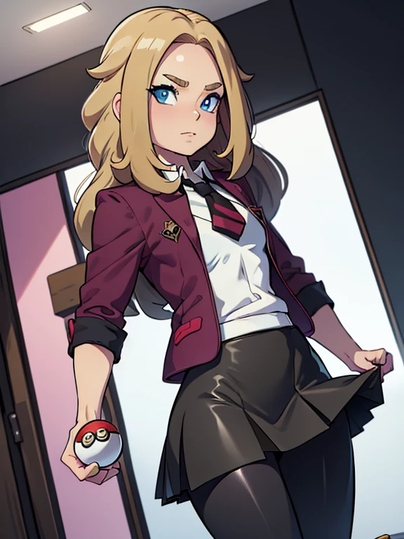 (masterpiece:1.2), best quality, high resolution, unity 8k wallpaper, (illustration:0.8), (beautiful detailed eyes:1.6), extremely detailed face, perfect lighting, extremely detailed CG, (perfect hands, perfect anatomy), a Lass from Pokemon Sword and Shield, blonde hair, blue eyes. (holding a poke ball:1.3). (Wearing: A school uniform, opened magenta jacket, white undershirt, magenta tie, short black skirt and black shiny leggings).