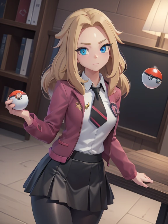 (masterpiece:1.2), best quality, high resolution, unity 8k wallpaper, (illustration:0.8), (beautiful detailed eyes:1.6), extremely detailed face, perfect lighting, extremely detailed CG, (perfect hands, perfect anatomy), a Lass from Pokemon Sword and Shield, blonde hair, blue eyes. (holding a poke ball:1.3). (Wearing: A school uniform, opened magenta jacket, white undershirt, magenta tie, short black skirt and black shiny leggings).