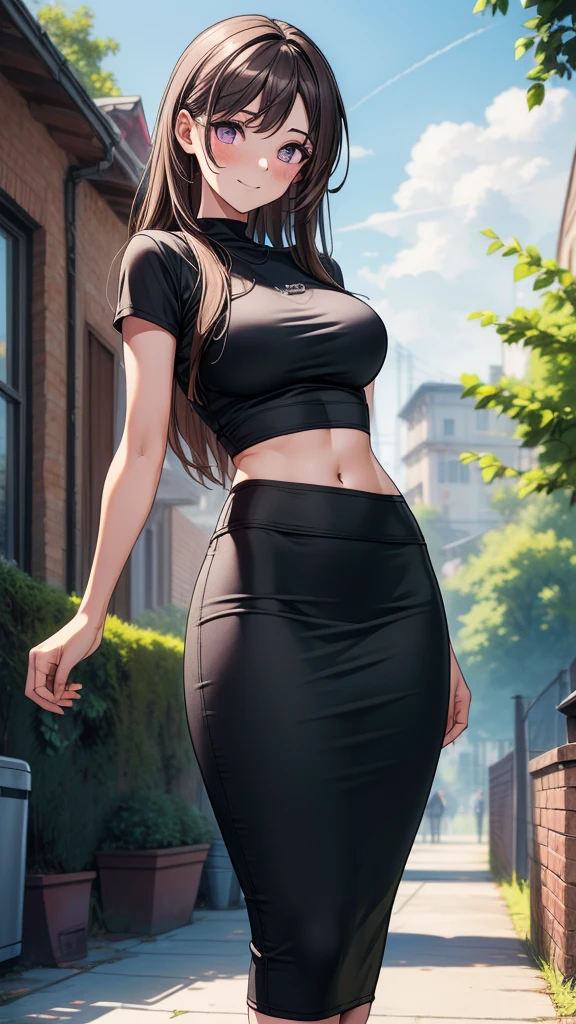 skirt, cloth bulge, 1girl, futanari, dark_skin, black_hair, t-shirt, large_breasts, erection_under_clothes,, beautiful, (masterpiece:1.2), (best quality:1.2), perfect eyes, perfect face,