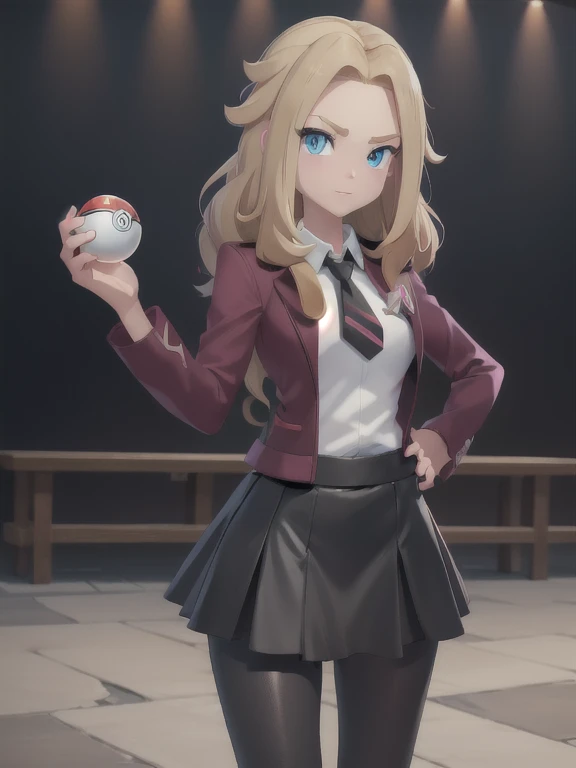 (masterpiece:1.2), best quality, high resolution, unity 8k wallpaper, (illustration:0.8), (beautiful detailed eyes:1.6), extremely detailed face, perfect lighting, extremely detailed CG, (perfect hands, perfect anatomy), a Lass from Pokemon Sword and Shield, blonde hair, blue eyes. (holding a poke ball:1.3). (Wearing: A school uniform, opened magenta jacket, white undershirt, magenta tie, short black skirt and black shiny leggings).