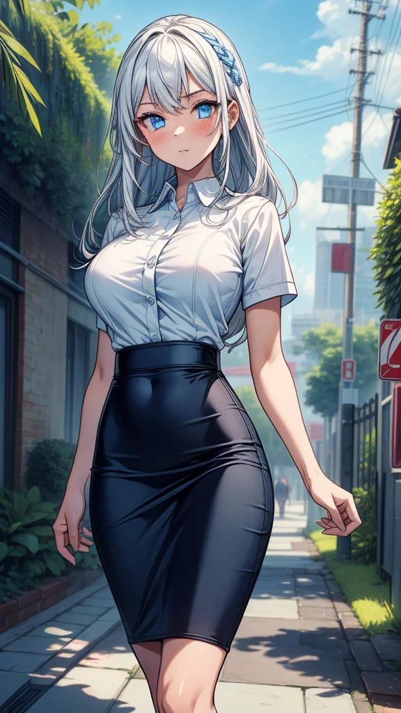 Ridiculous resolution, high resolution, (masterpiece:1.4), Extremely detailed, 1 Girl,blue eyes, Long blond hair,White skirt, White handbags、Pantyhose、City Streets,Sexy pose, The camera is close to your body