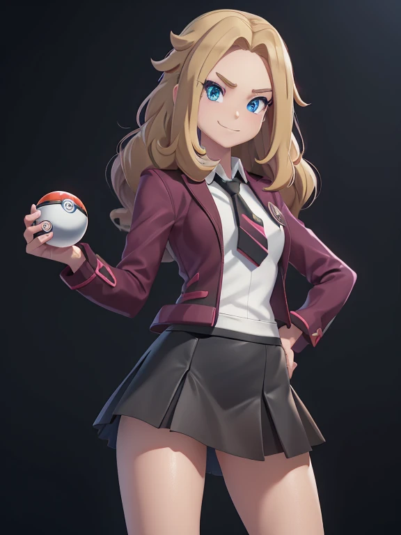 (masterpiece:1.2), best quality, high resolution, unity 8k wallpaper, (illustration:0.8), (beautiful detailed eyes:1.6), extremely detailed face, perfect lighting, extremely detailed CG, (perfect hands, perfect anatomy), a Lass from Pokemon Sword and Shield, blonde hair, blue eyes. (holding a poke ball:1.3). (Wearing: A school uniform, opened magenta jacket, white undershirt, magenta tie, short black skirt and black shiny leggings). Arrogant smile on face, she’s adventurous and ready for a Pokemon battle.