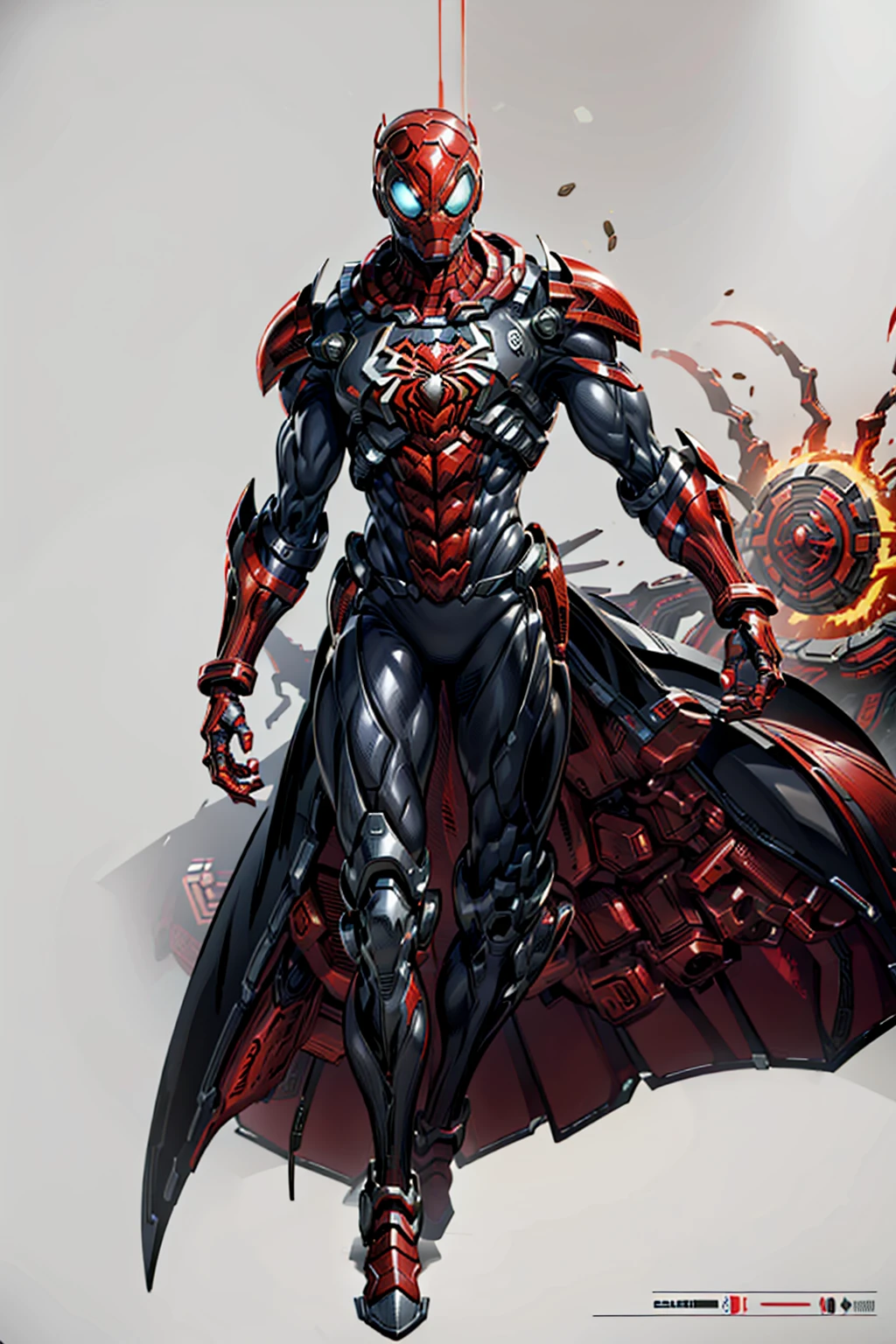 1 chico, full body, red and black armor, hoodie, long sleeve coat, Masterpiece, high quality, jk style, Spiderman, was a mecha, Muscle tissue, exoskeleton, crystal core.