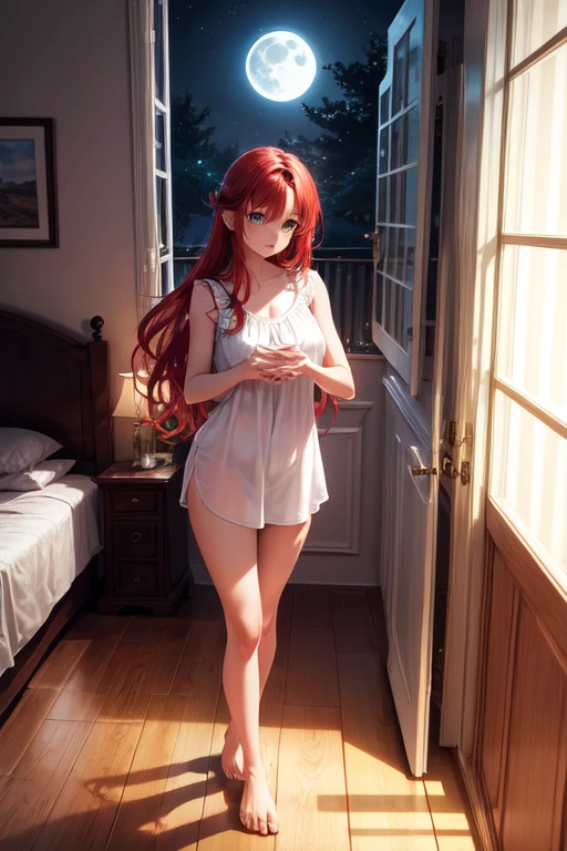 ((best quality)), ((masterpiece)), (detailed), perfect face, perfect body, 1girl, red long hair, cyan eyes, she do not wear any underwear, ((wear her clothes from anime uniform)), ((see-through)), show up her boobies and Nipples, Seeing the girl front body, the girl lying on her back on the bed and she open legs and show up her pussy and anal in her bedroom hotel, First person view, windows from hotel bedroom showing the city night in background
