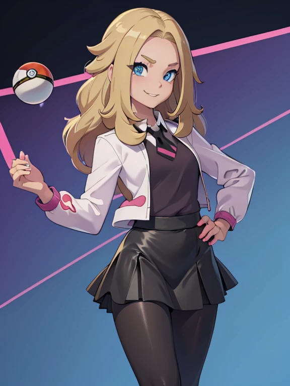 (masterpiece:1.2), best quality, high resolution, unity 8k wallpaper, (illustration:0.8), (beautiful detailed eyes:1.6), extremely detailed face, perfect lighting, extremely detailed CG, (perfect hands, perfect anatomy), a Lass from Pokemon Sword and Shield, blonde hair, blue eyes. (holding a poke ball:1.3). (Wearing: A school uniform, opened magenta jacket, white undershirt, magenta tie, short black skirt and black shiny leggings). Arrogant smile on face, she’s adventurous and ready for a Pokemon battle.