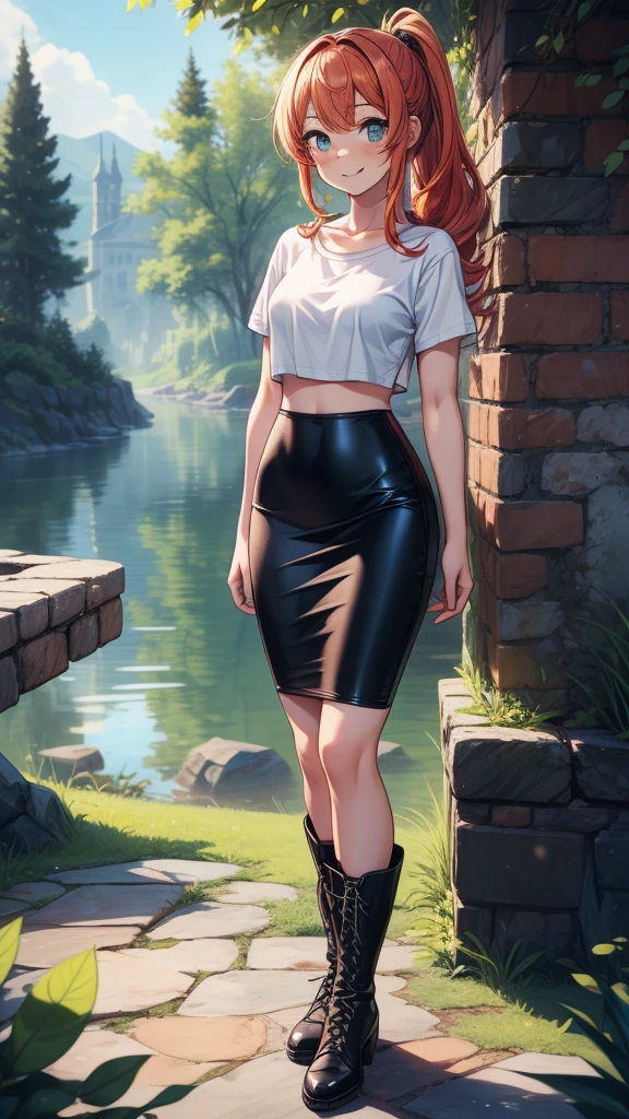 (full_shot:1.5),wide_shot,(solo:1.7),(adult:1.9),(mature woman:1.9),<lora:Milf:1.1>,milf,curvy,fair_skin,masterpiece,best quality:1.4,ultra-detailed,soft light,natural lighting,cinematic light,film grain,(depth of field),(detailed face, glossy lips, eyeliner)red head,braided ponytail,beautiful detailed face,light blue eyes,looking into the distance,thigh,white open blouse,plunging neck line,(thigh length black pleaded skirt:1.4),(black knee high boots:1.3),(full body:1.3),<lora:GoodHands-vanilla:1.1>,walking through forest,mountains,waterfall,twilight,gentle breeze,Style-Spring,150mm,dlrs,(vibrant details:1.1),(masterwork:1.1),(best quality:1.1),(masterpiece:1.1),