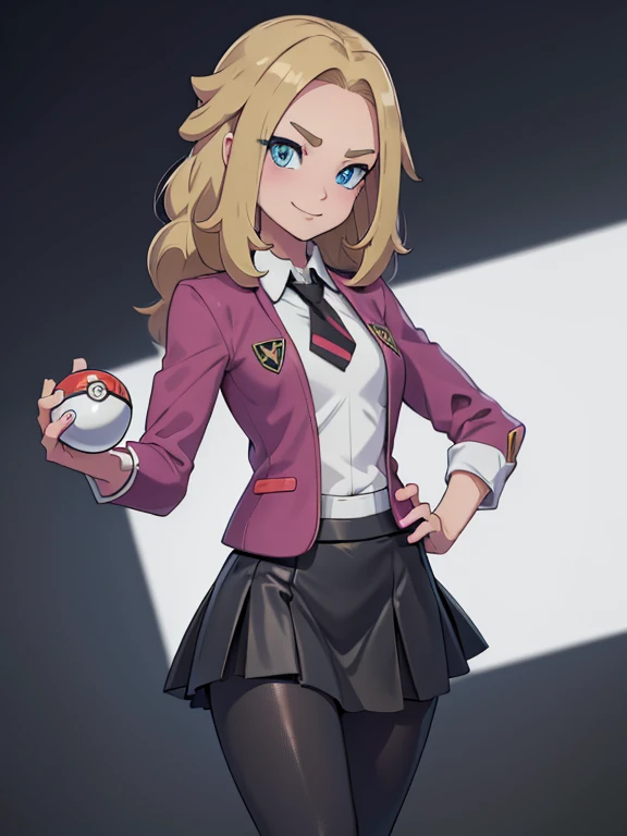 (masterpiece:1.2), best quality, high resolution, unity 8k wallpaper, (illustration:0.8), (beautiful detailed eyes:1.6), extremely detailed face, perfect lighting, extremely detailed CG, (perfect hands, perfect anatomy), a Lass from Pokemon Sword and Shield, blonde hair, blue eyes. (holding a poke ball:1.3). (Wearing: A school uniform, opened magenta jacket, white undershirt, magenta tie, short black skirt and black shiny leggings). Arrogant smile on face, she’s adventurous and ready for a Pokemon battle.